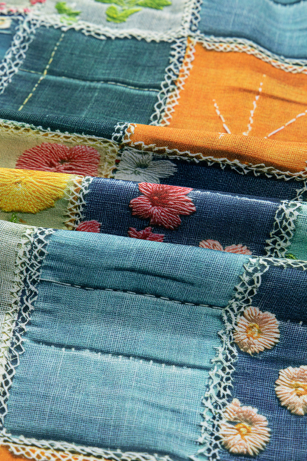 Floral Patchwork Long Sleeve Ruffle Hem Midi Dress