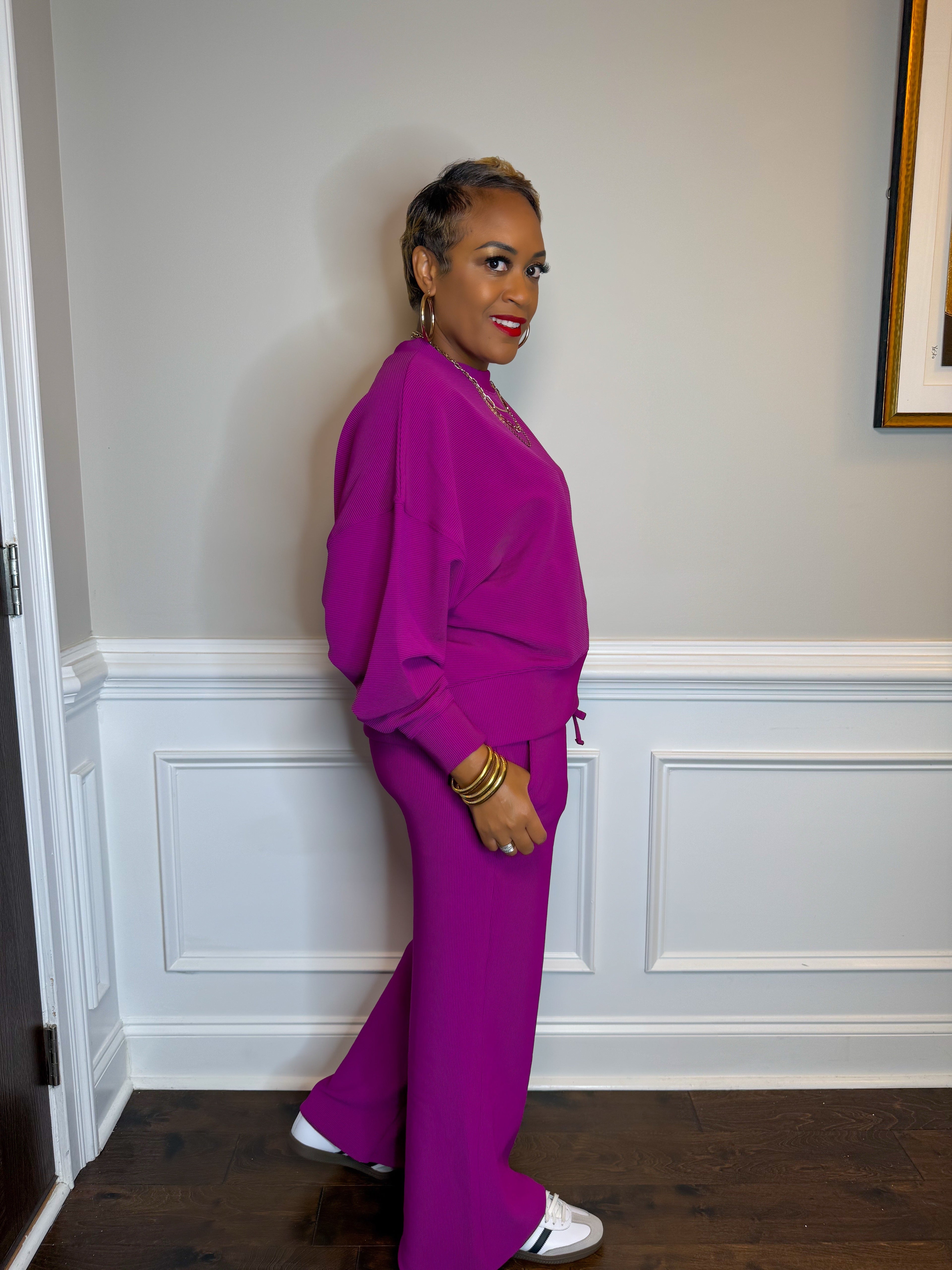 Light Plum Ribbed Lounge Set | Oversized Top & Wide Leg Pants