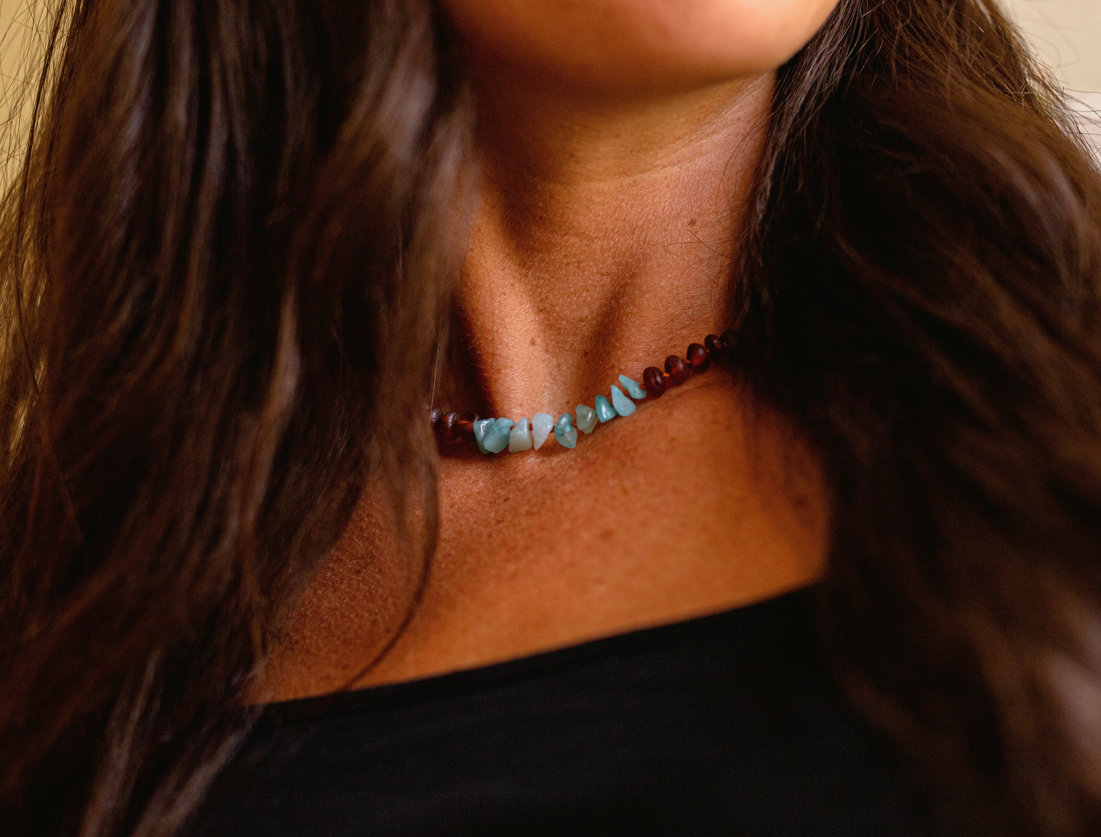 Raw Cognac Baltic Amber + Aquamarine || Necklace