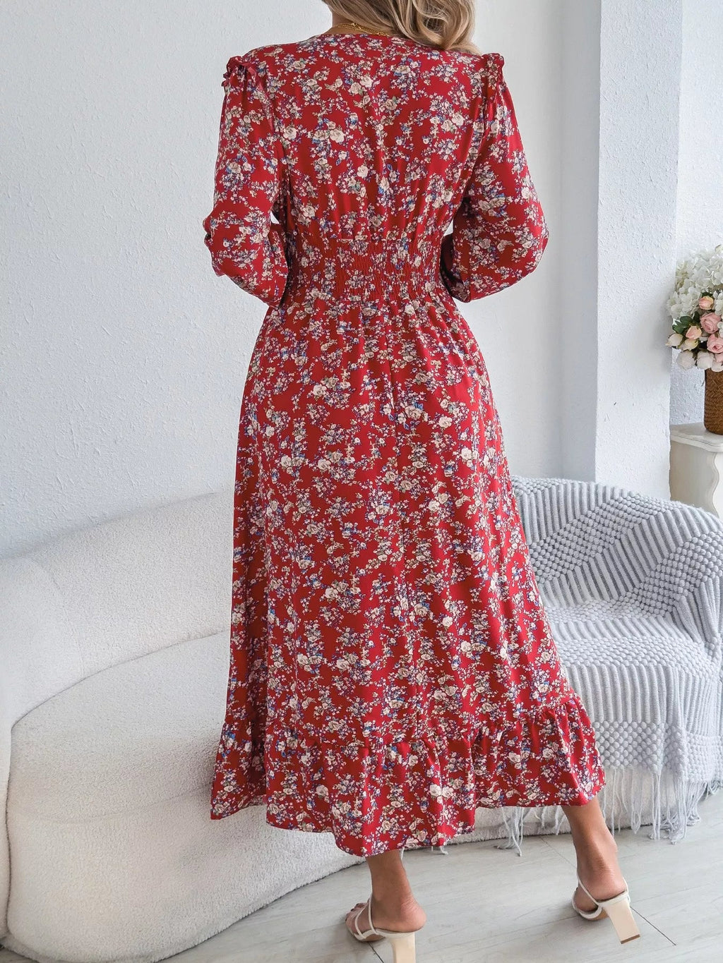 Ruffled Floral V-Neck Flounce Sleeve Dress