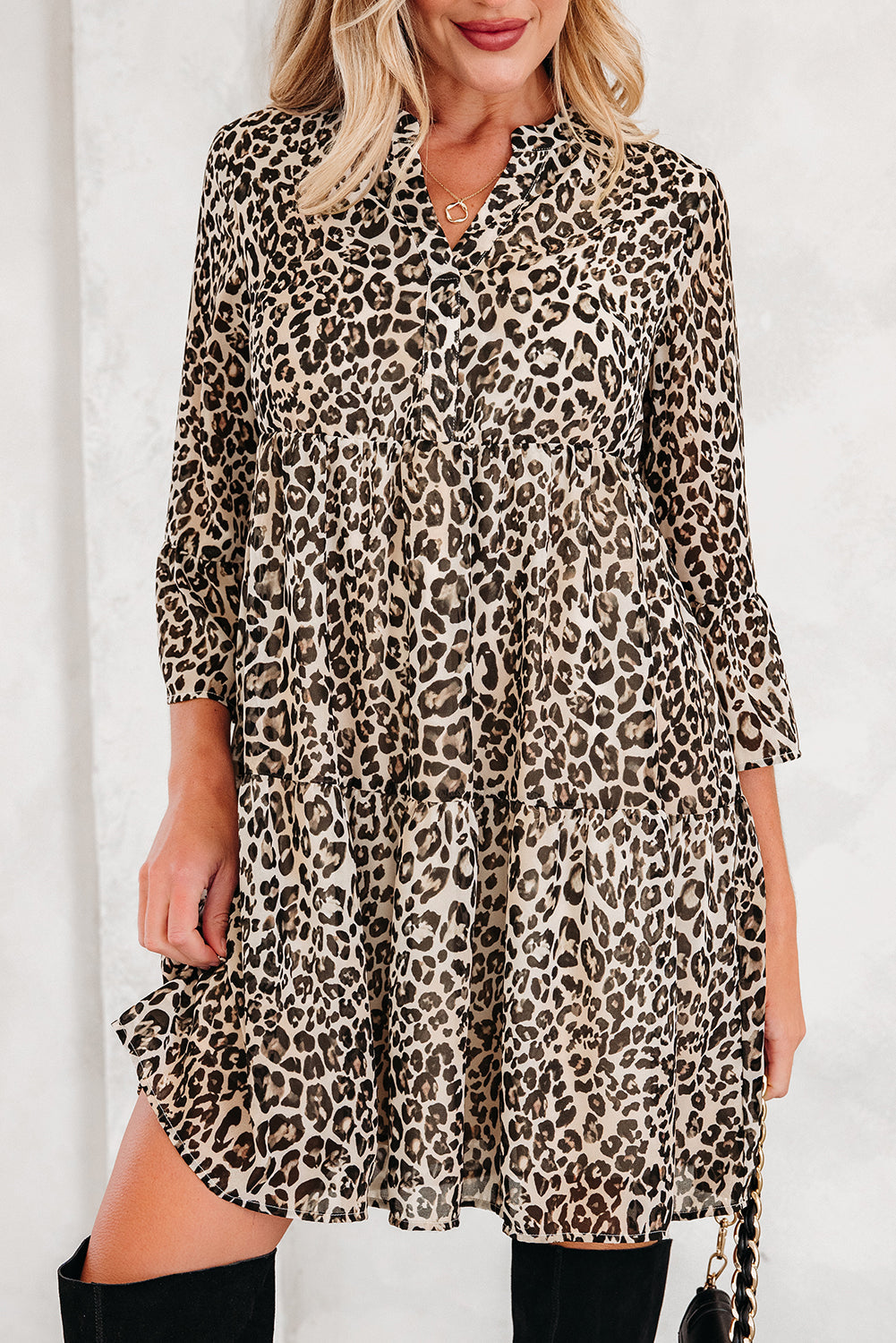 Leopard 3/4 Sleeve V-Neck Dress