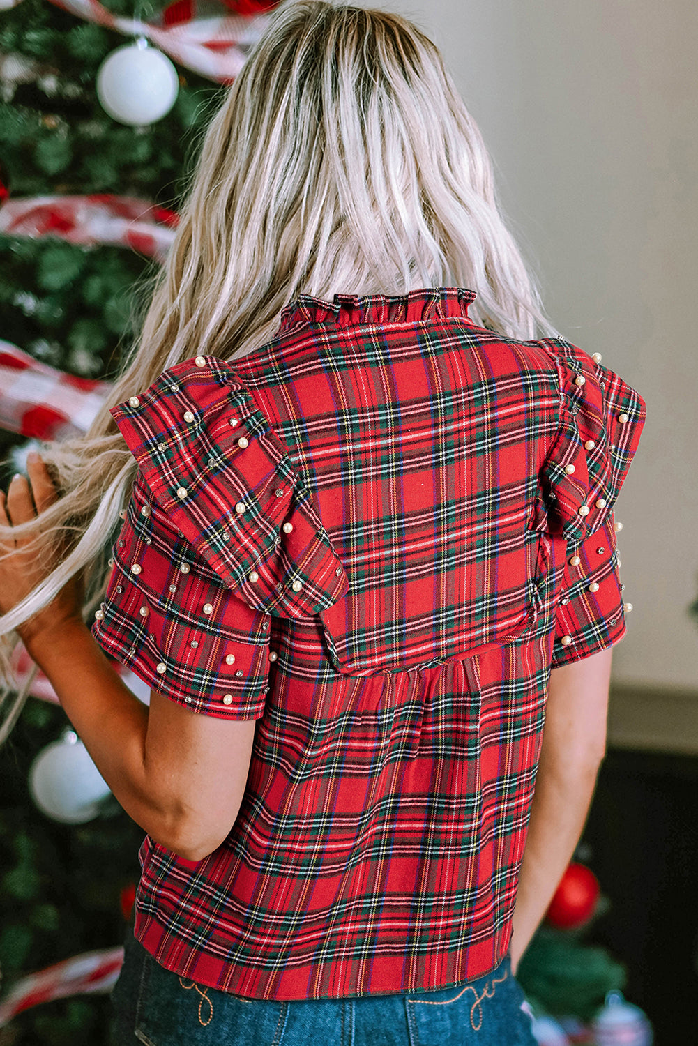 Christmas Plaid Pearl Embellished Ruffle Sleeve Blouse