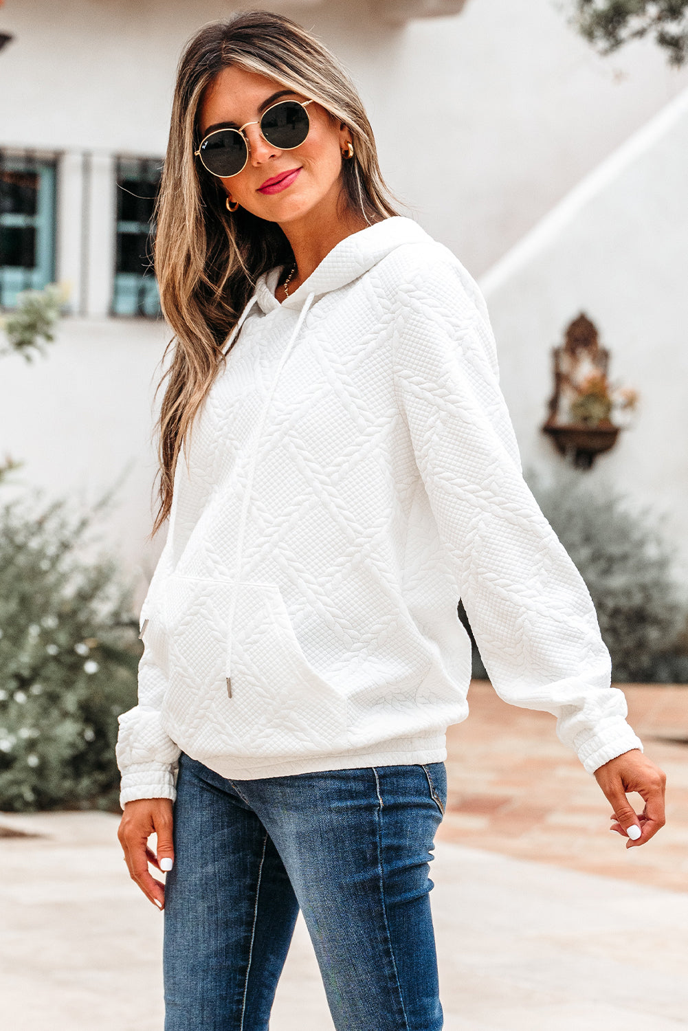 Cable Lattice Textured Kangaroo Pocket Hoodie