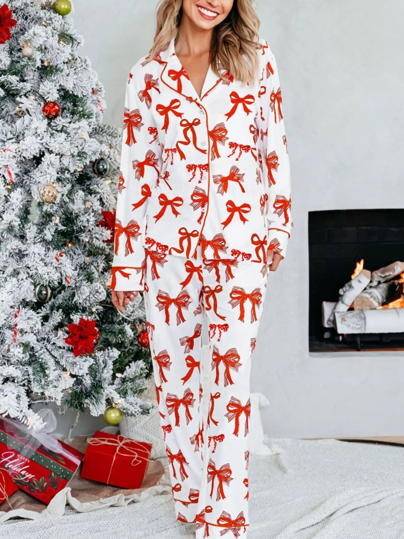 Christmas Bow Print Top and Pants 2pcs Pajama Set