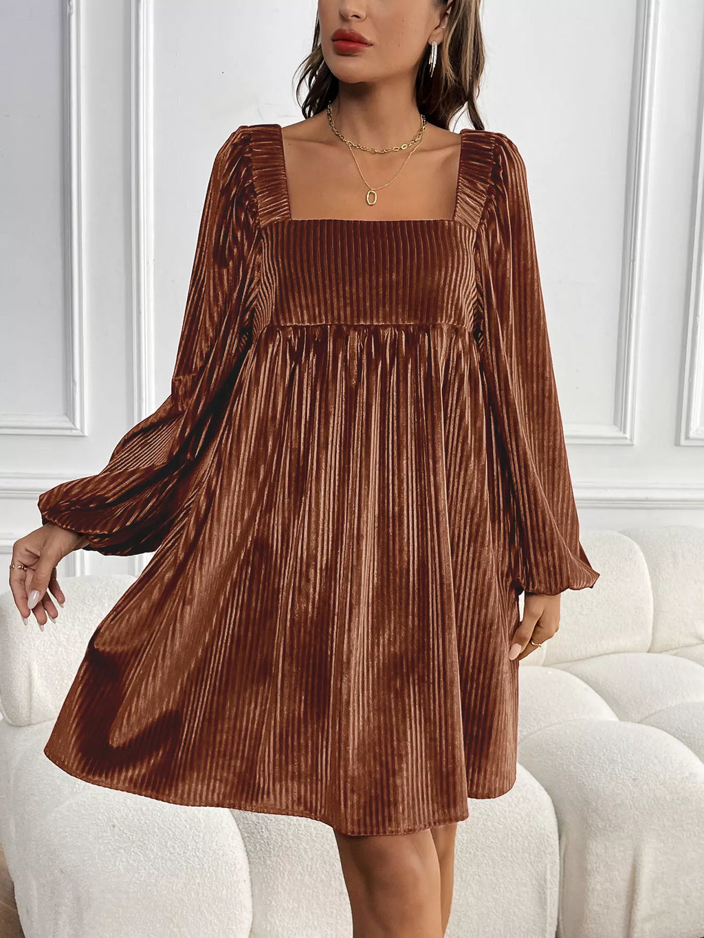 Velvet Square Neck Long Sleeve Dress