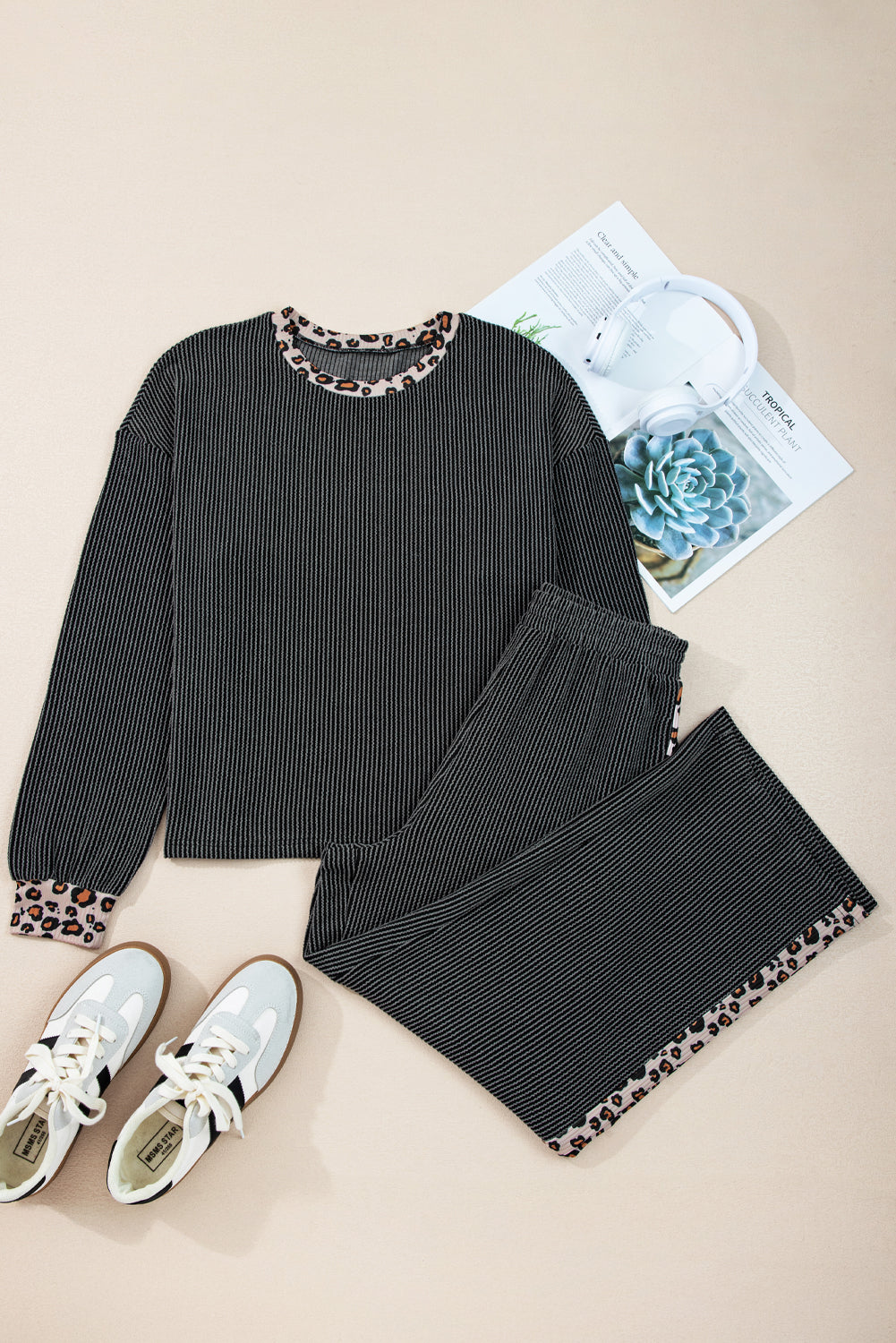 Leopard Corded Knit Top and Pants Set