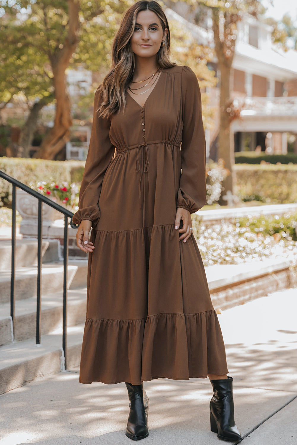Solid Buttoned V-Neck Long Sleeve Tiered Maxi Dress