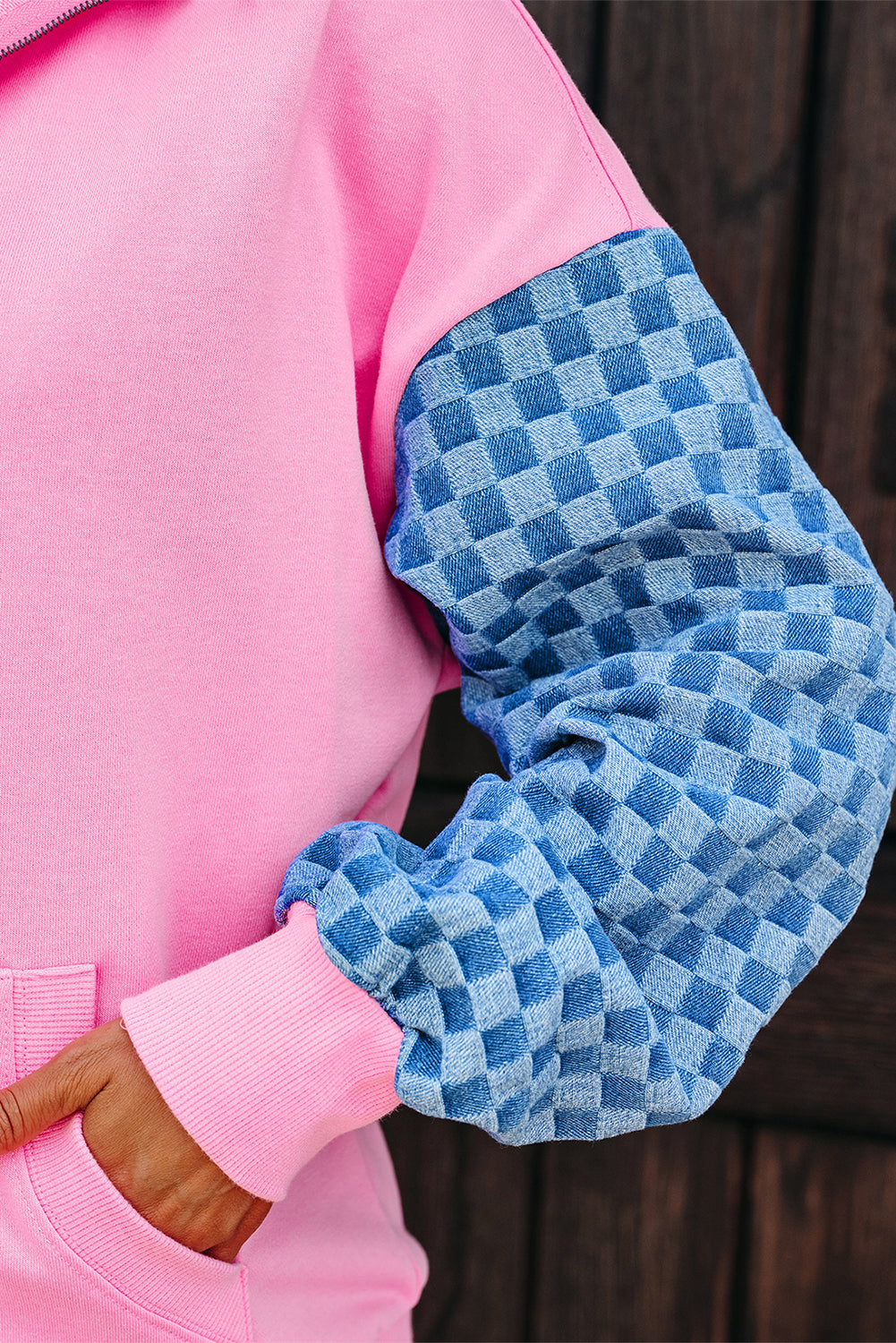 Checker Patchwork Kangaroo Pocket Half-Zip Hoodie