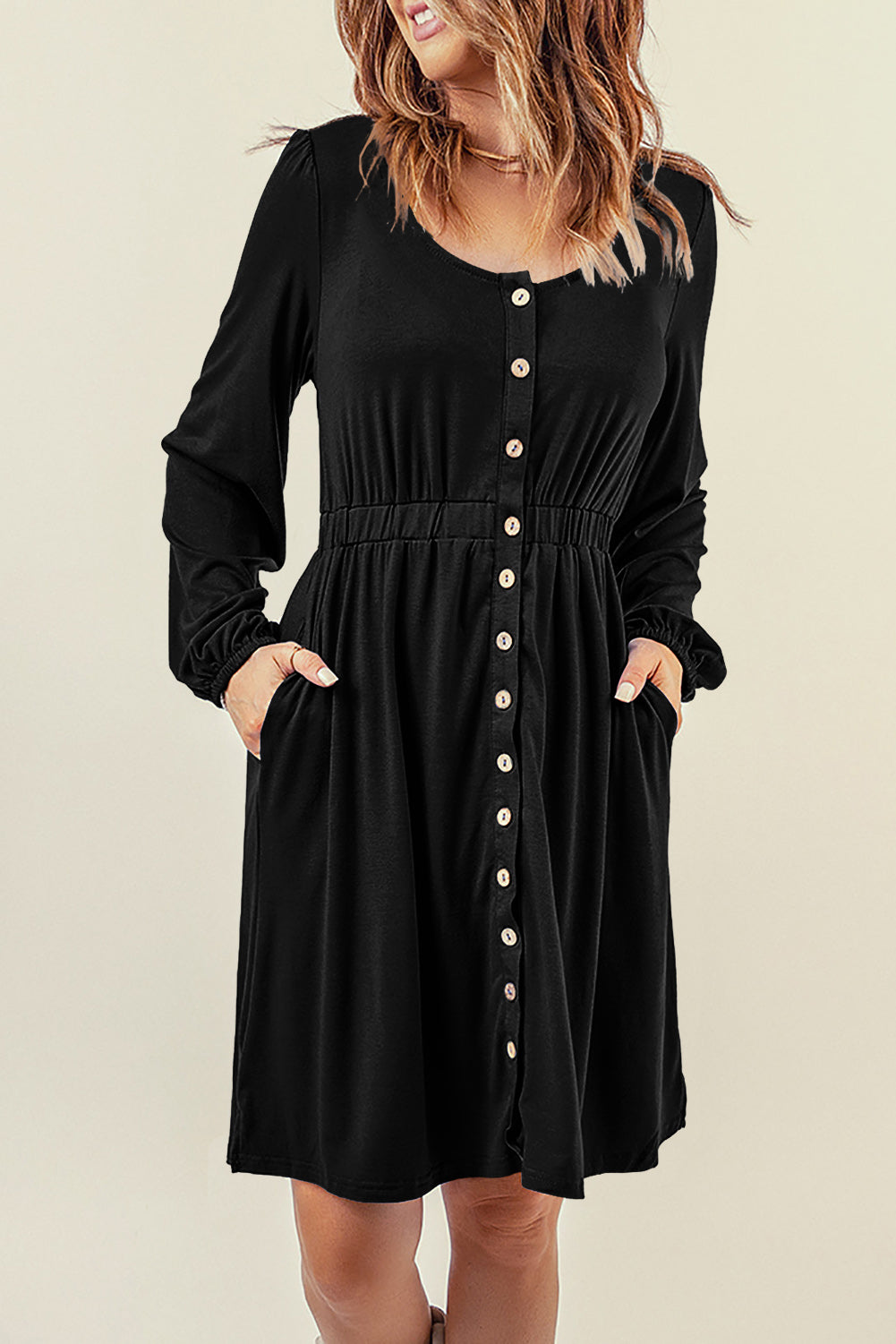 Solid Button-Up Scoop Neck Dress