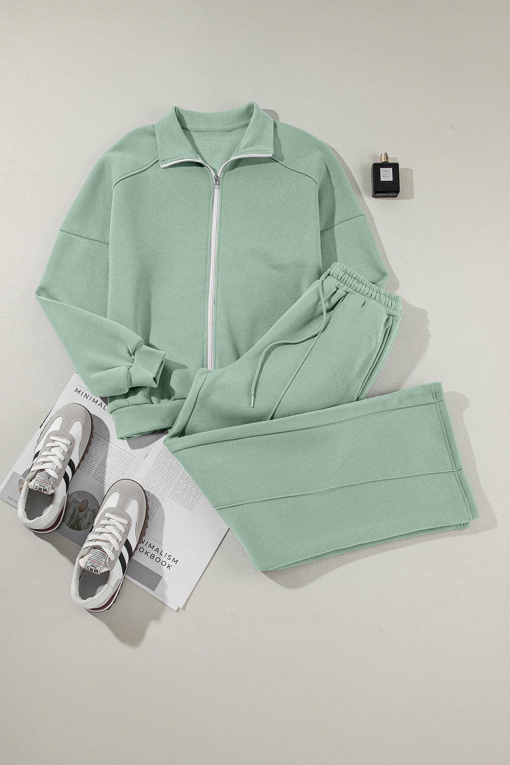 Solid Zip-Up Jacket and Drawstring Pants Set