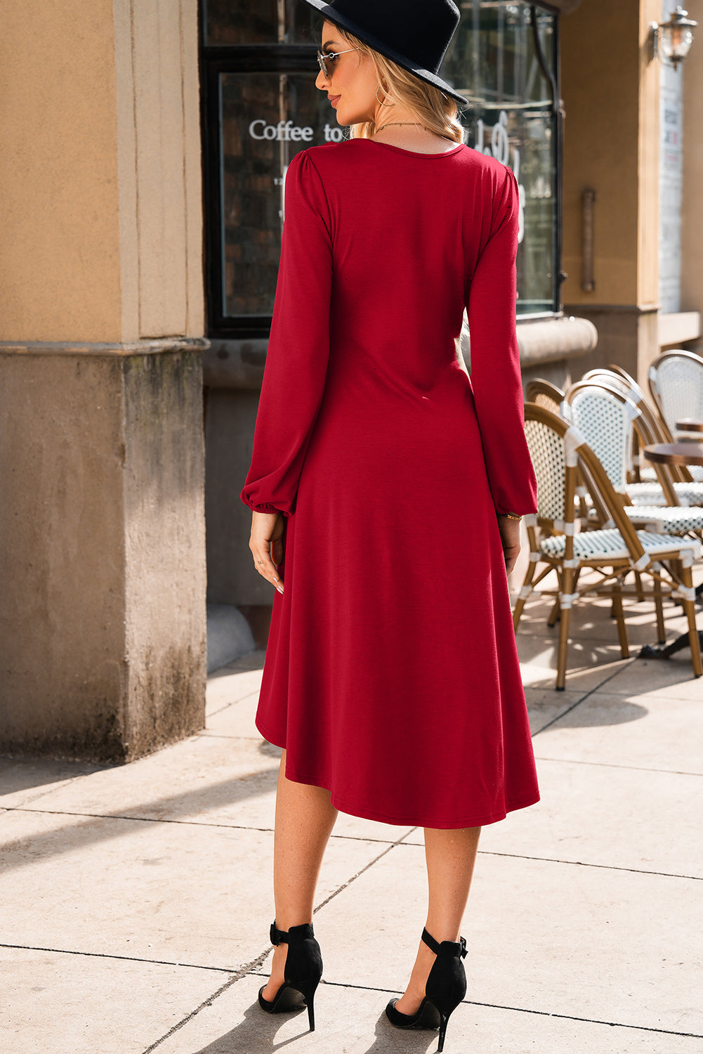 Solid Ruched Long Sleeve Midi Dress