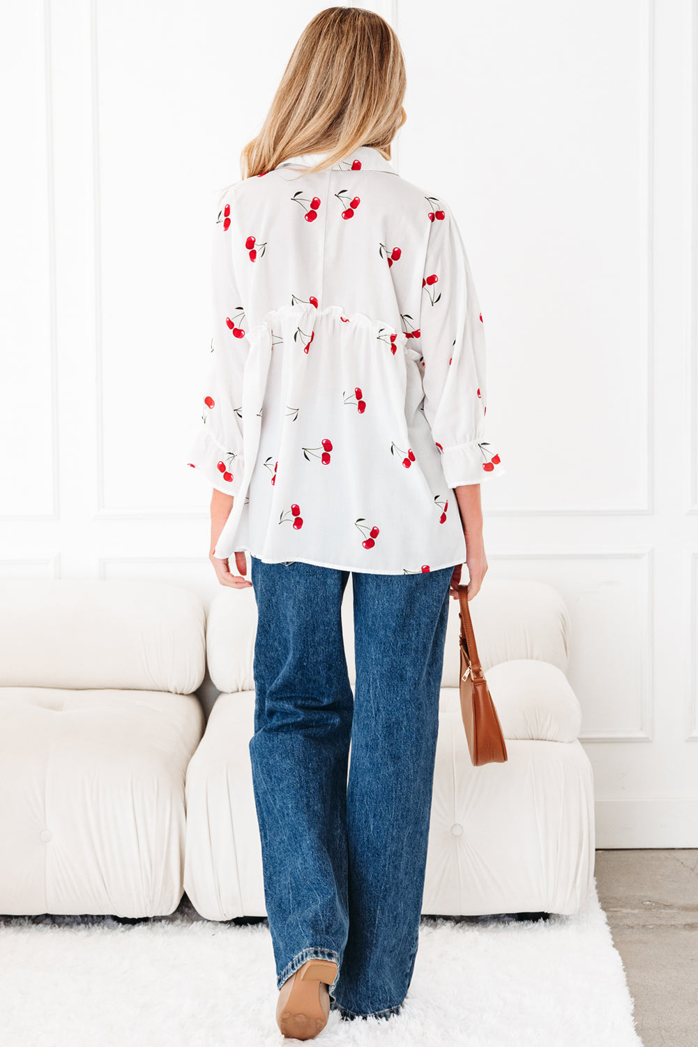 Cherry Frilled Collar 3/4 Sleeve Babydoll Blouse