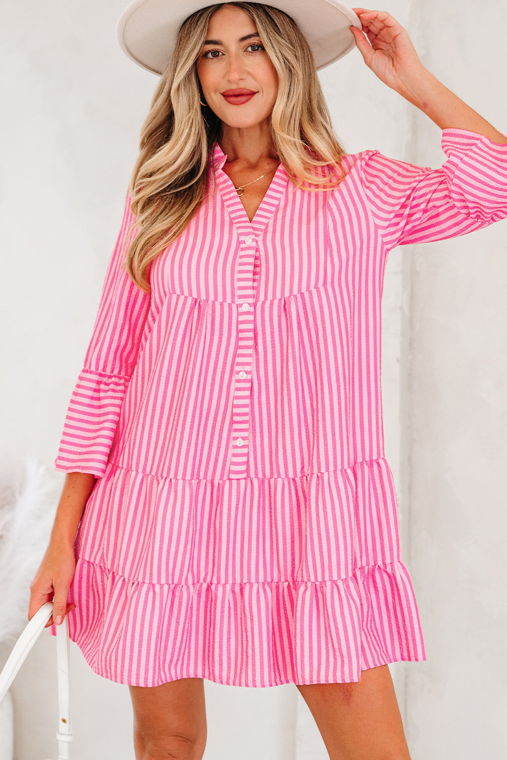 Stripe V-Neck Flare Sleeve Tiered Mini Dress