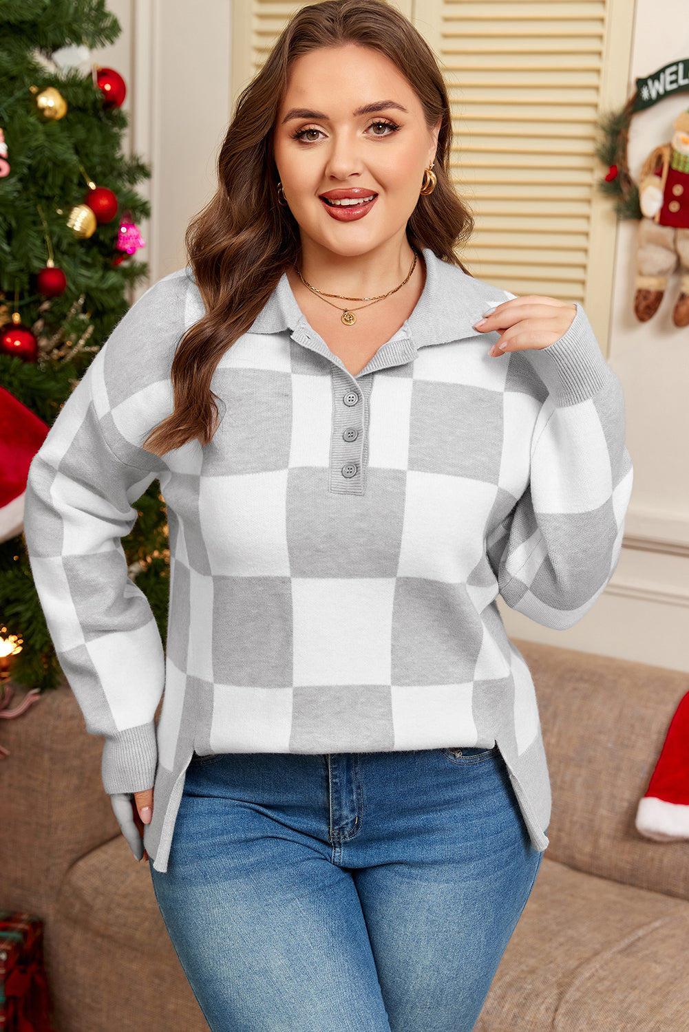Plus Size Checker Buttoned Polo Collar Sweater