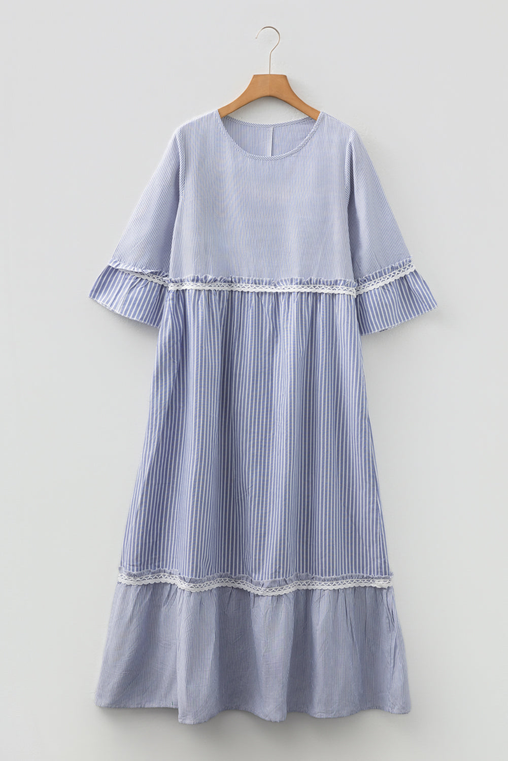 Stripe Patchwork Lace Trim 3/4 Sleeve Maxi Dress