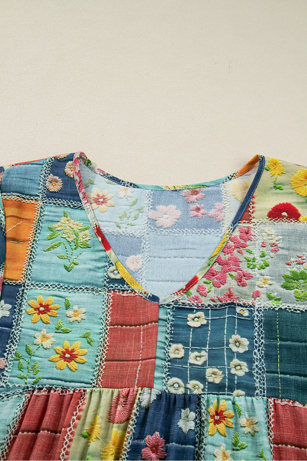 Floral Patchwork Long Sleeve Ruffle Hem Midi Dress