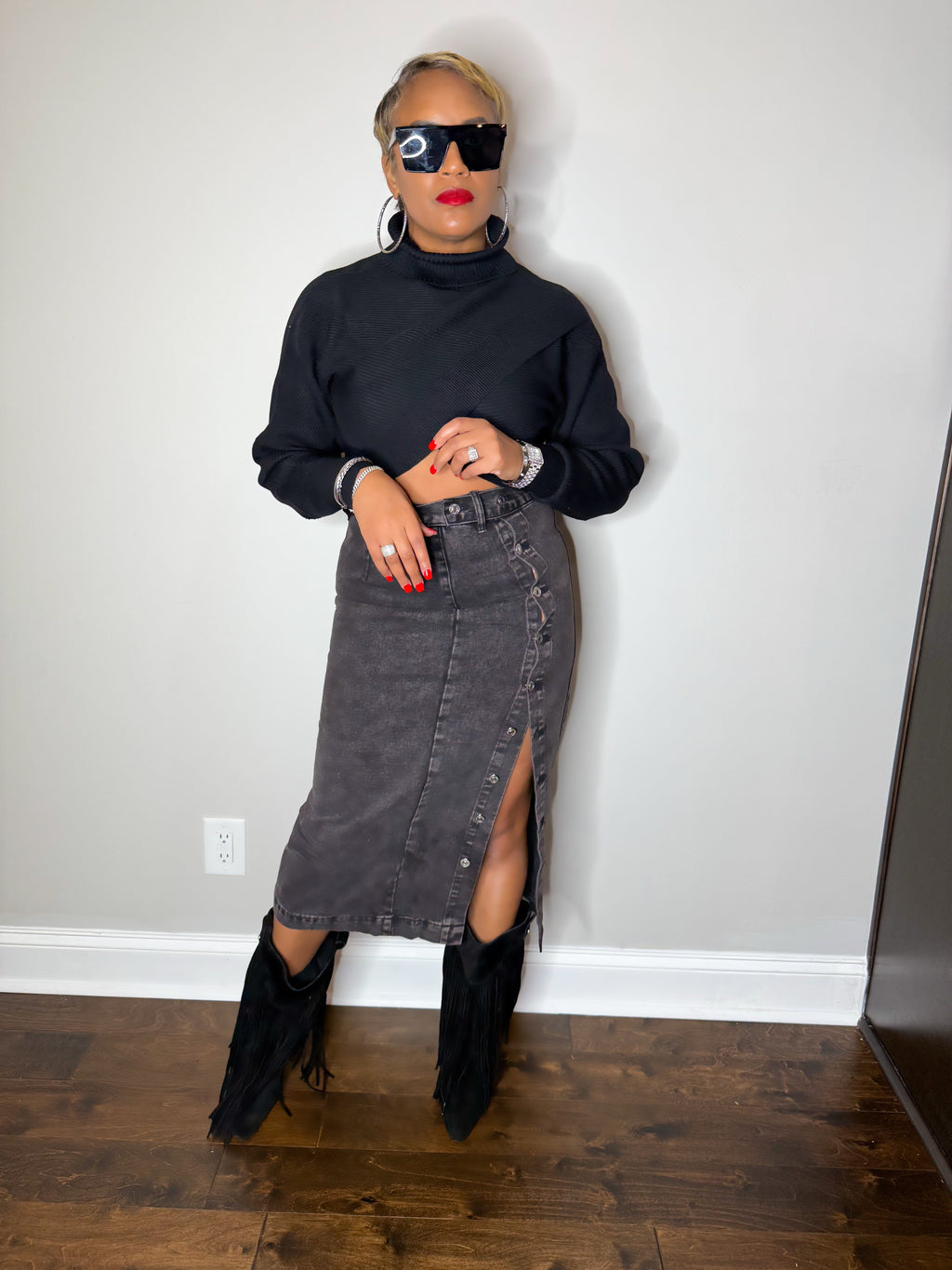 Black Side Button Denim Midi Skirt