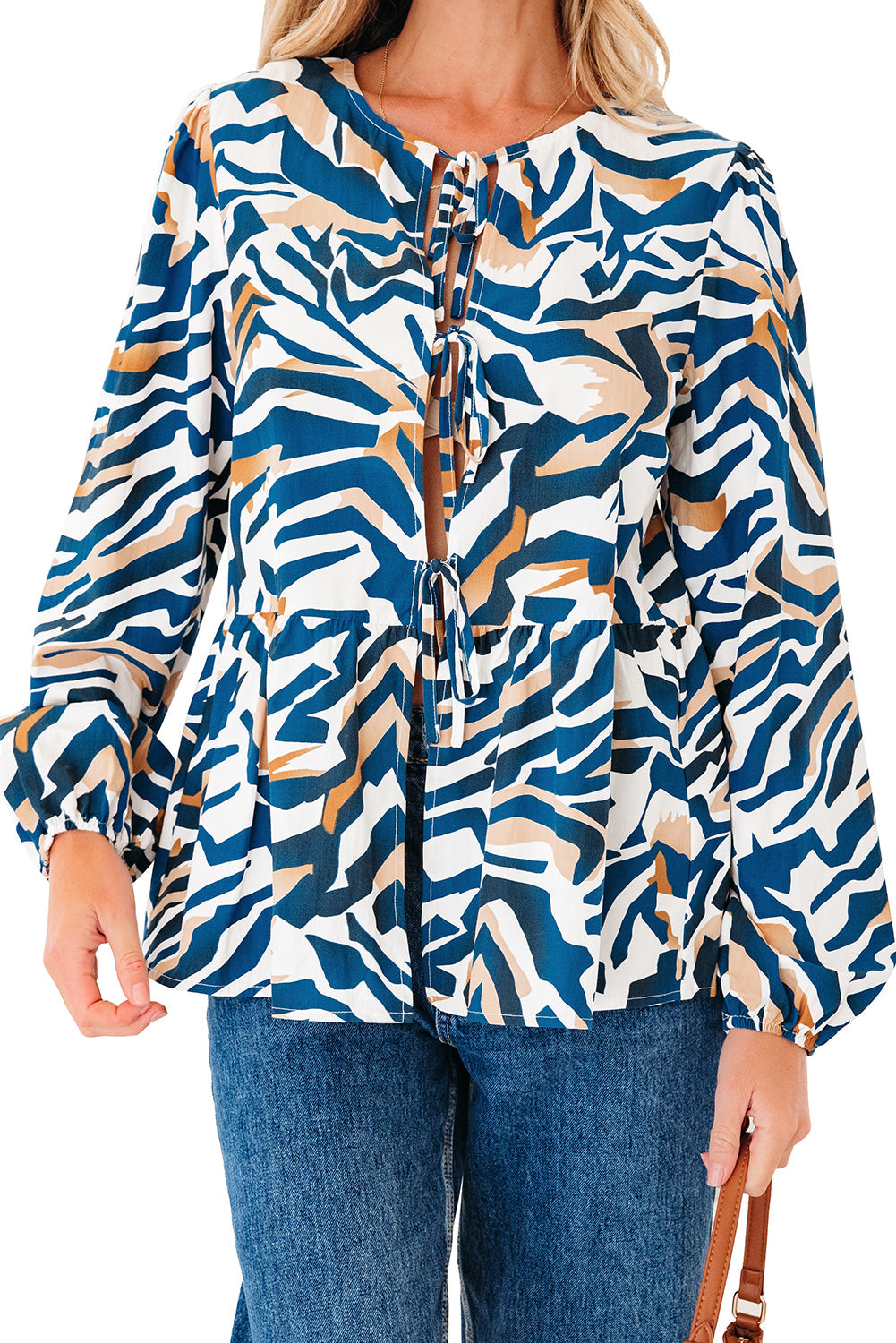 Zebra Tied Front Puff Sleeve Top