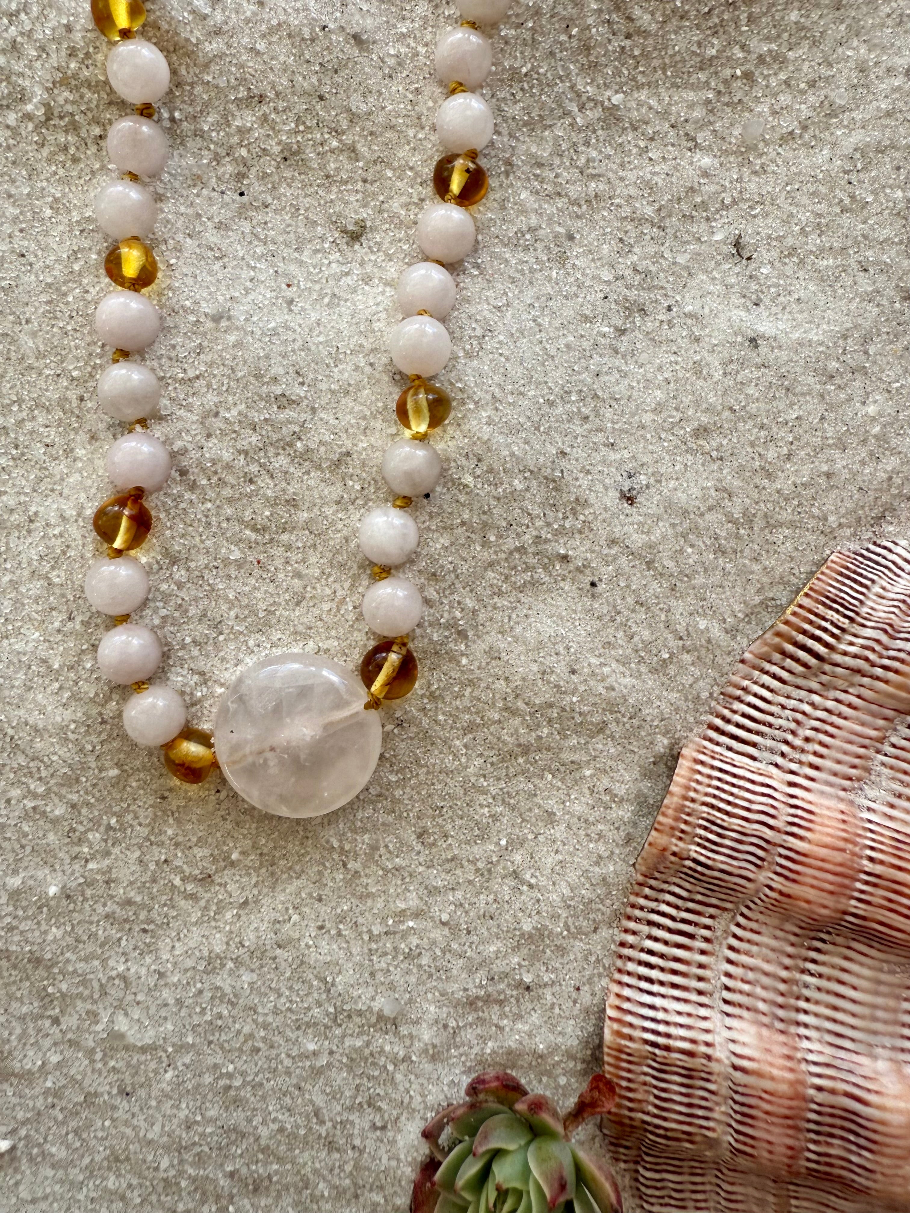 Rose Quartz + Honey Baltic Sea Amber || Rose Quartz Stone Necklace