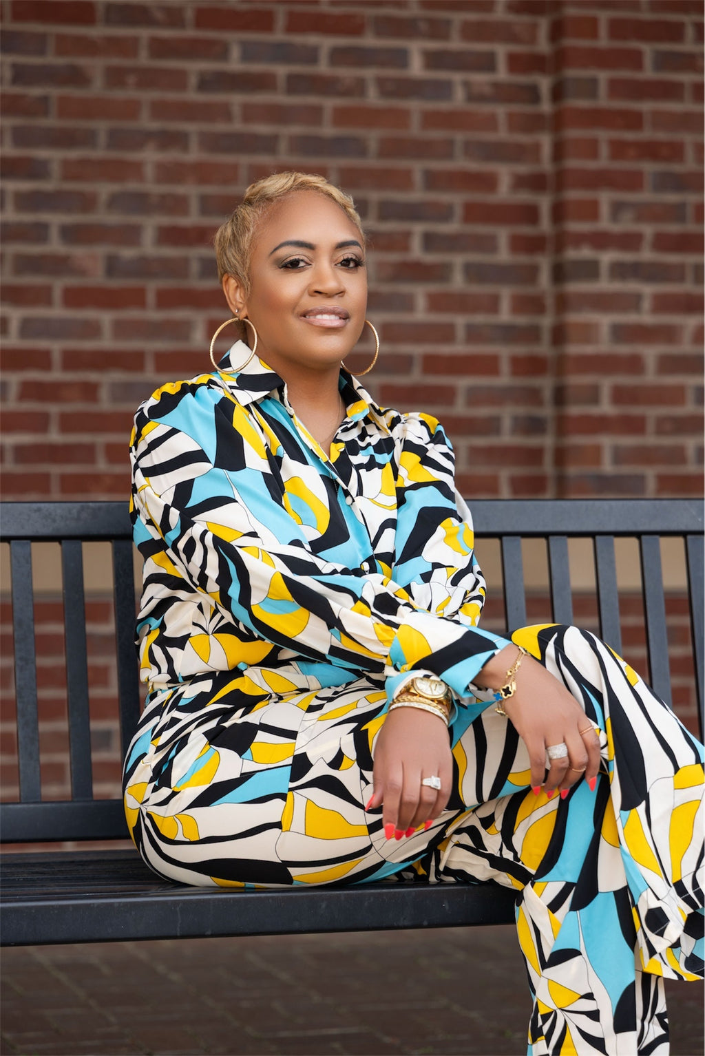 Blue, Yellow & Cream Abstract Pant & Blouse Set