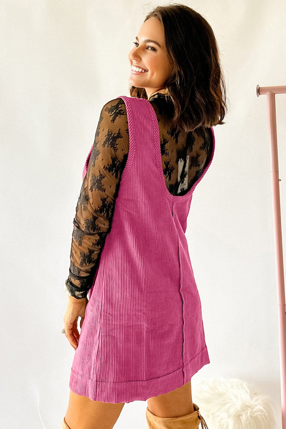 Solid Corduroy Sleeveless Pocketed Mini Dress