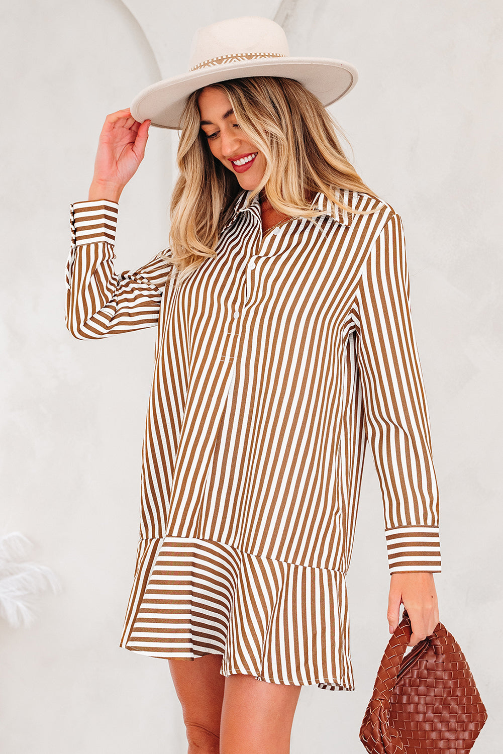 Stripe Ruffle Hem Collared Long Sleeve Shirt Mini Dress