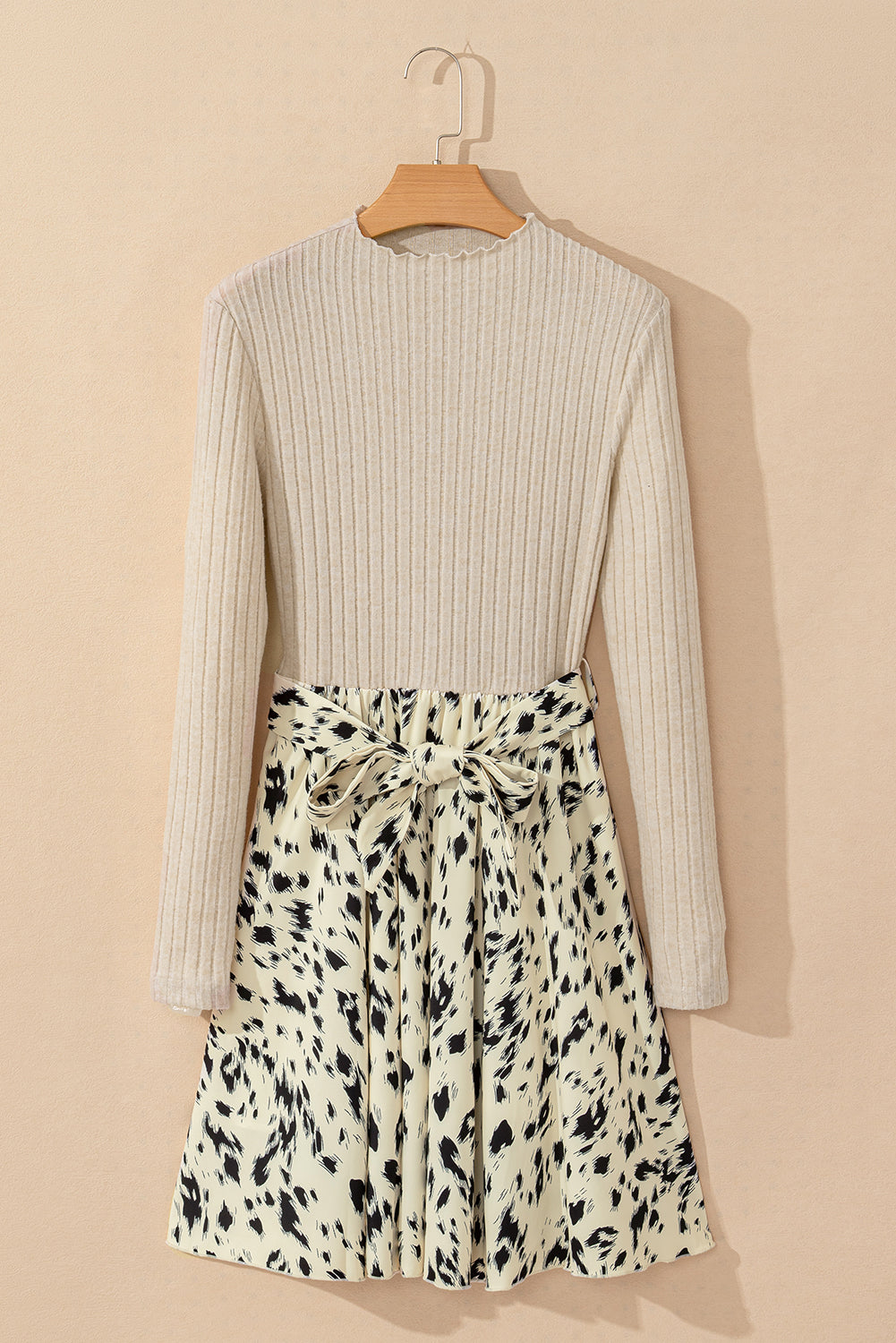 Leopard Patchwork Ribbed Knit Belted Dress