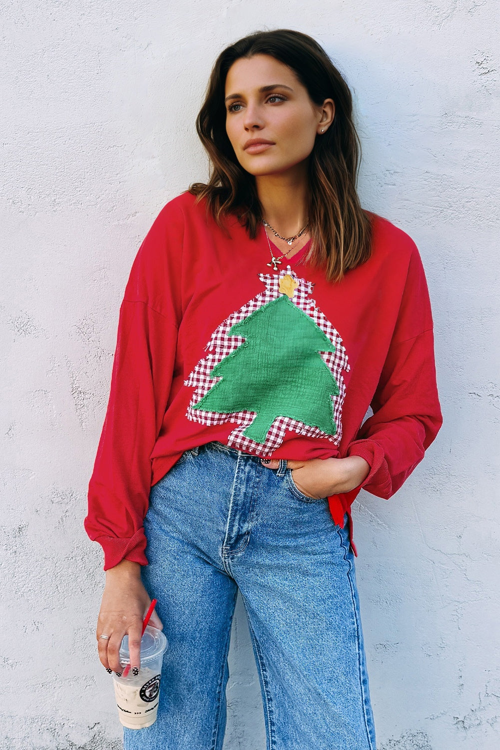 Christmas Tree Plaid Patchwork Drop Shoulder Sweatshirt
