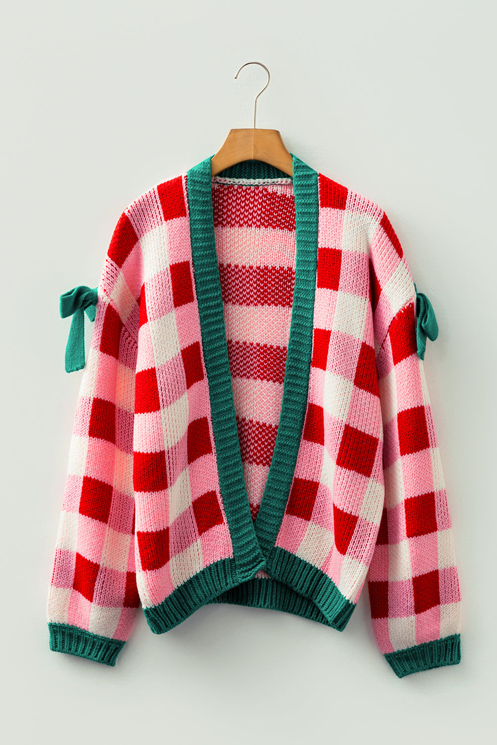 Plaid Bow Open Front Sweater Knit Cardigan