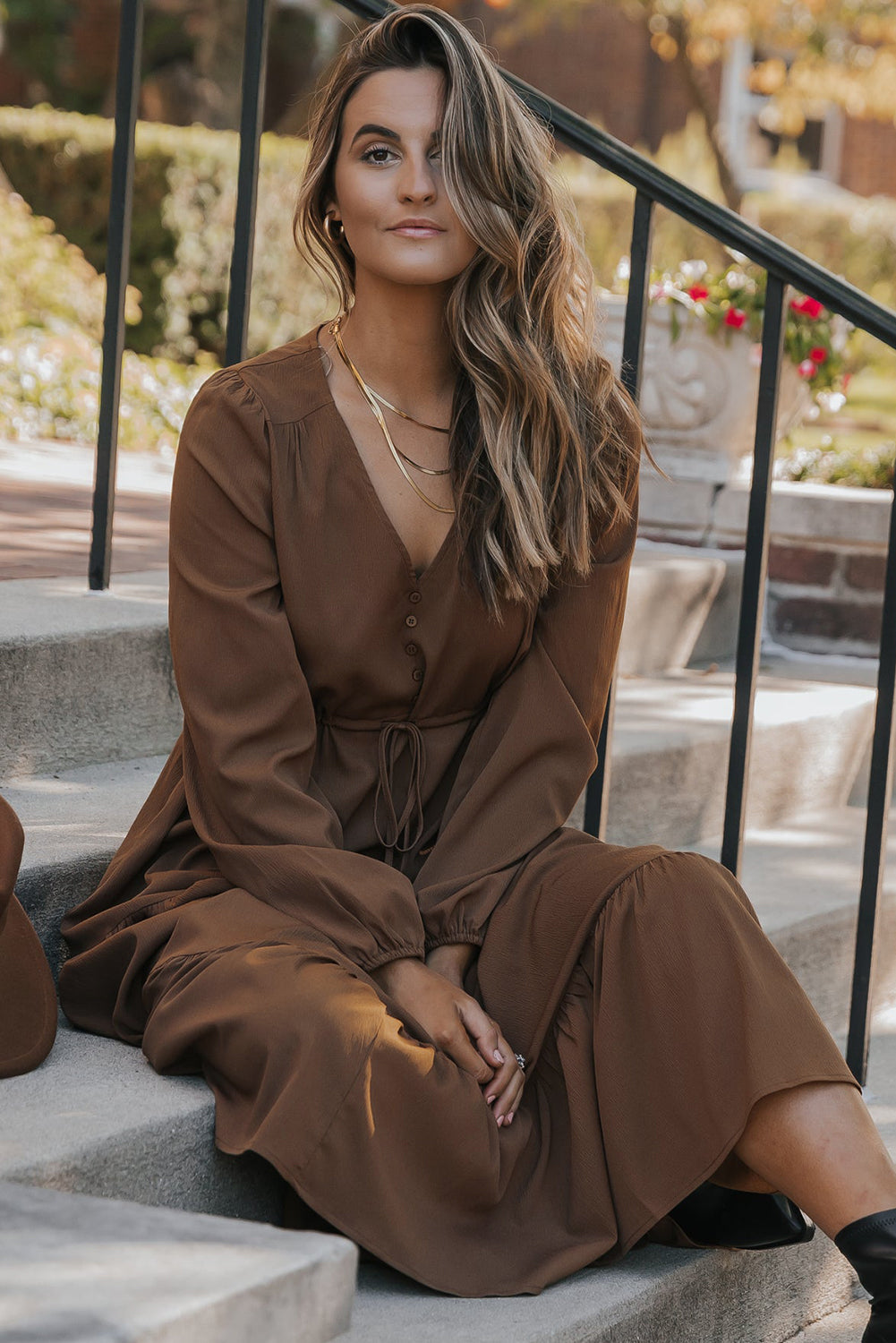 Solid Buttoned V-Neck Long Sleeve Tiered Maxi Dress