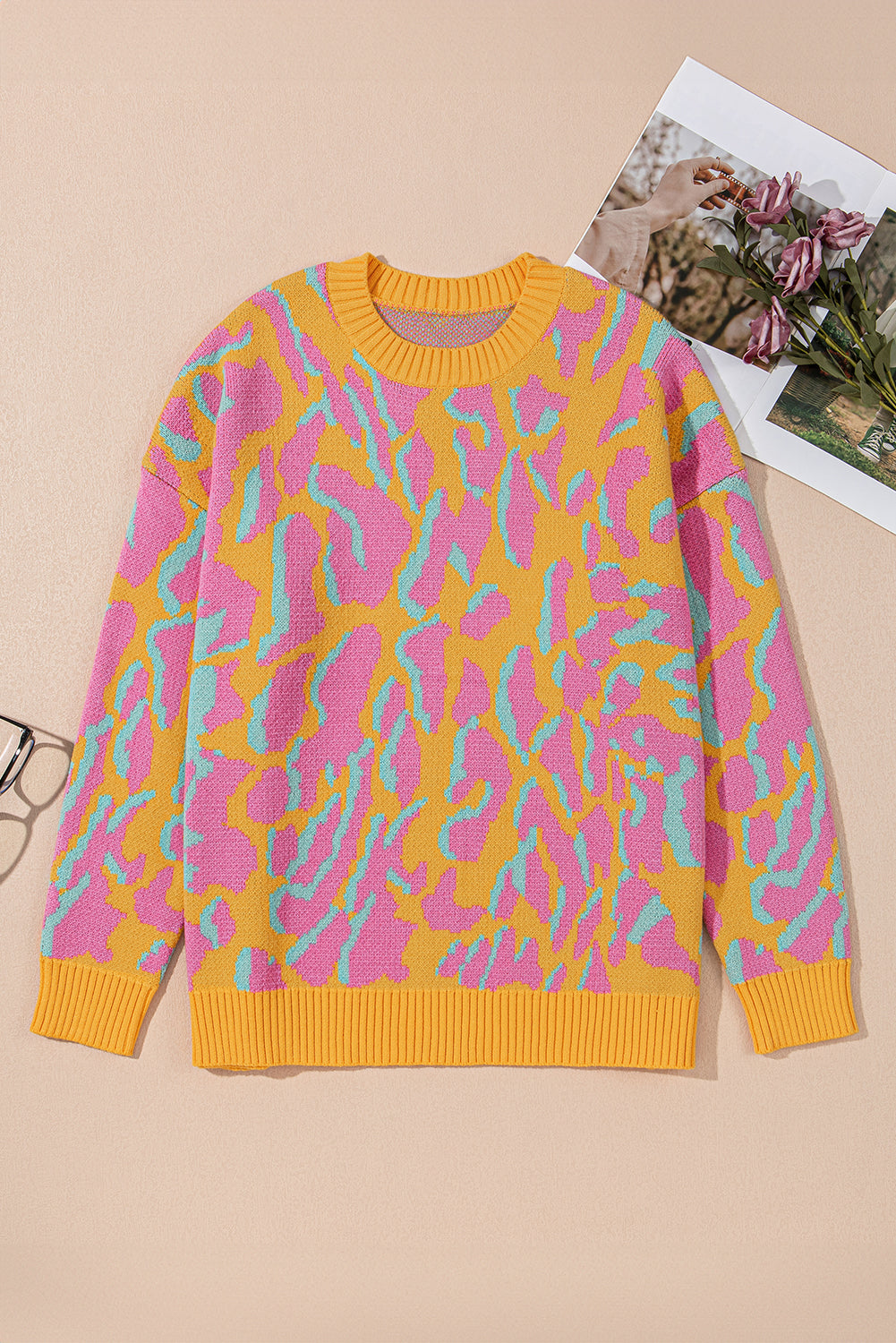 Plus Size Leopard Ribbed Trim Crewneck Sweater