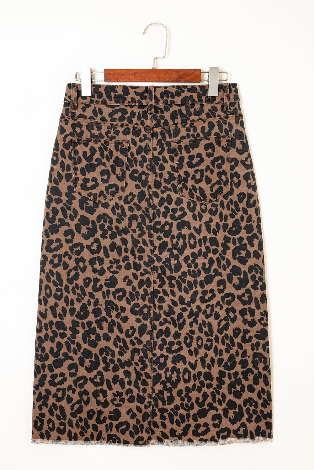 Leopard Denim Frayed Hem Midi Skirt