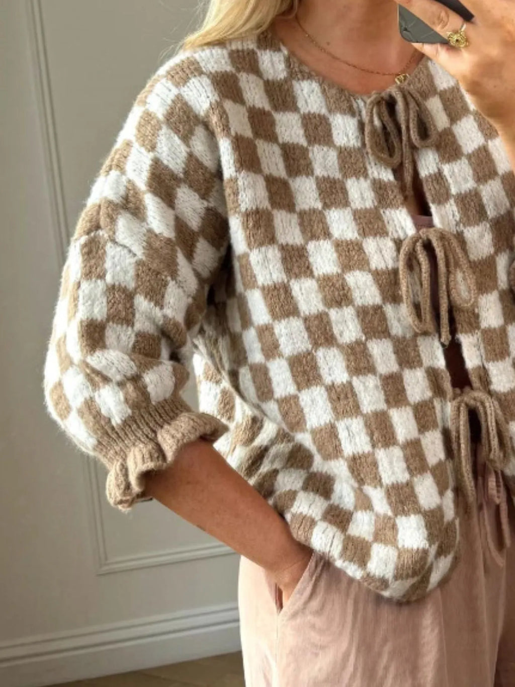Checkered Tie-Front Knit Cardigan