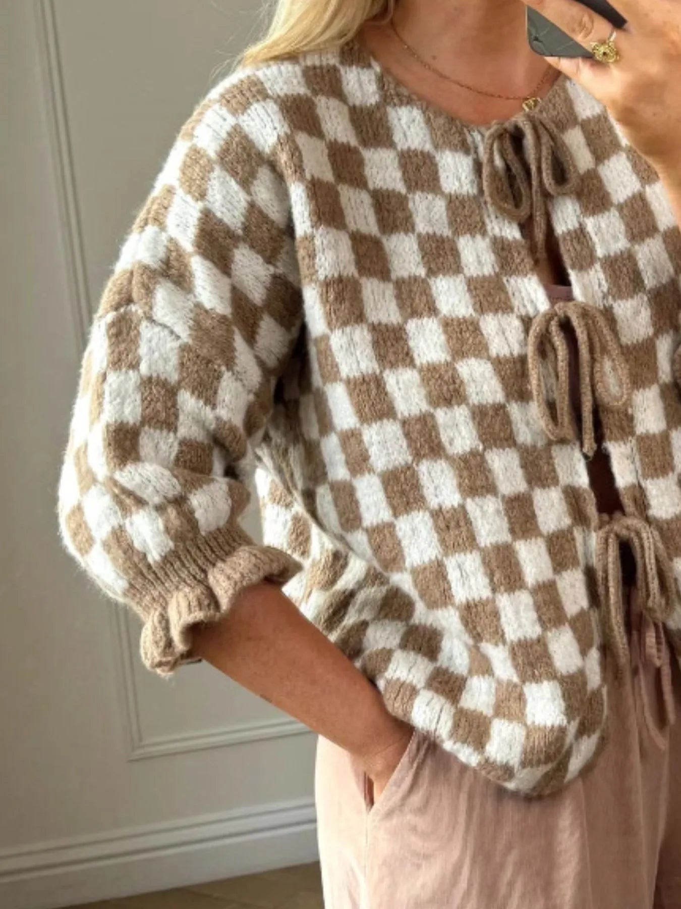 Checkered Tie-Front Knit Cardigan