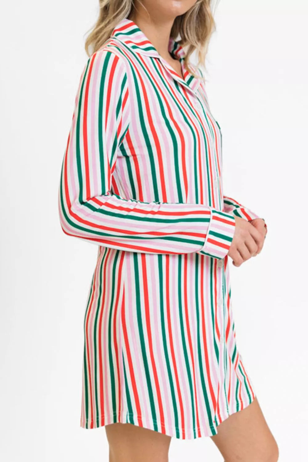 Striped Button Front Long Sleeve Shirt Dress