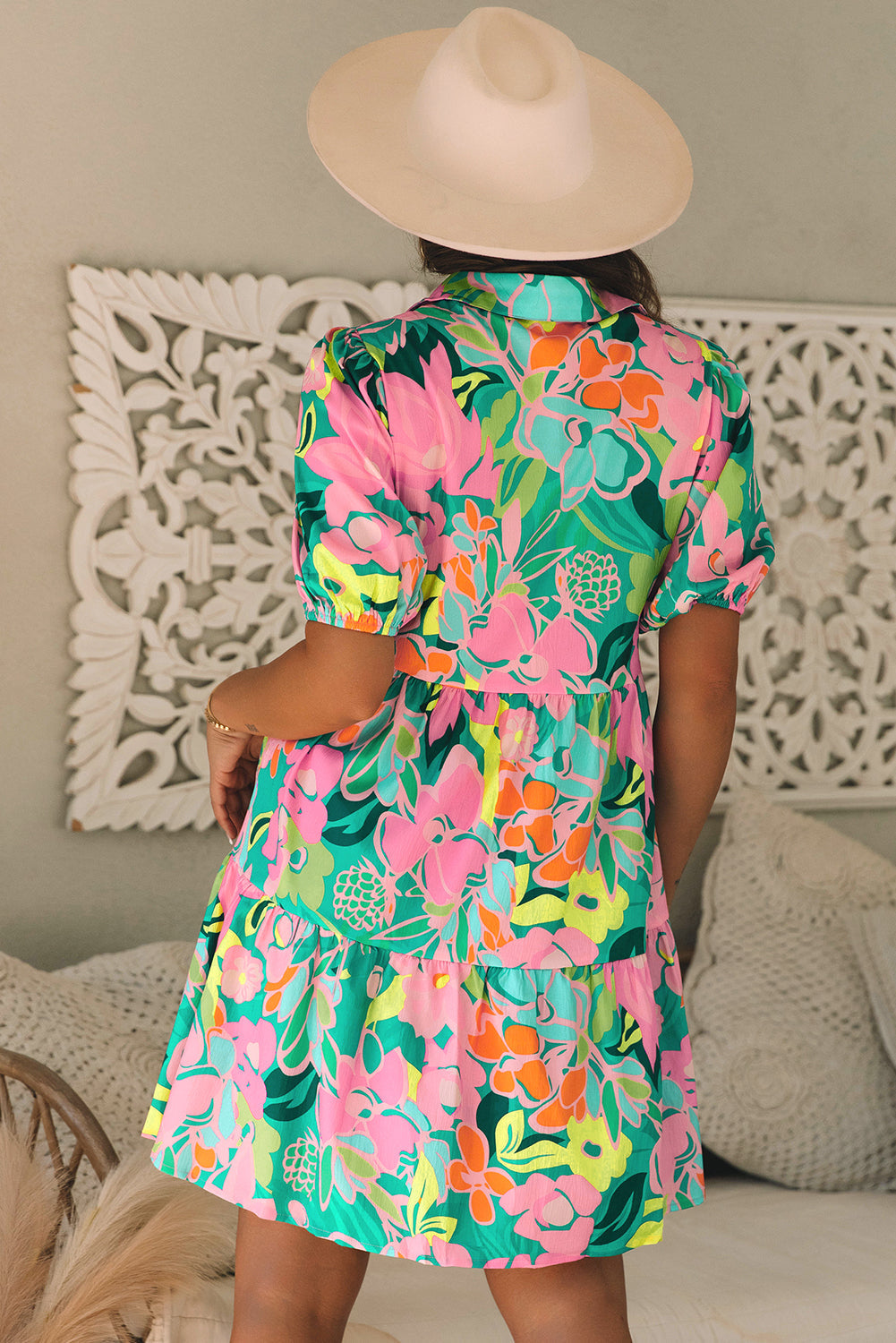 Floral Puff Sleeve Buttoned Collar Babydoll Dress