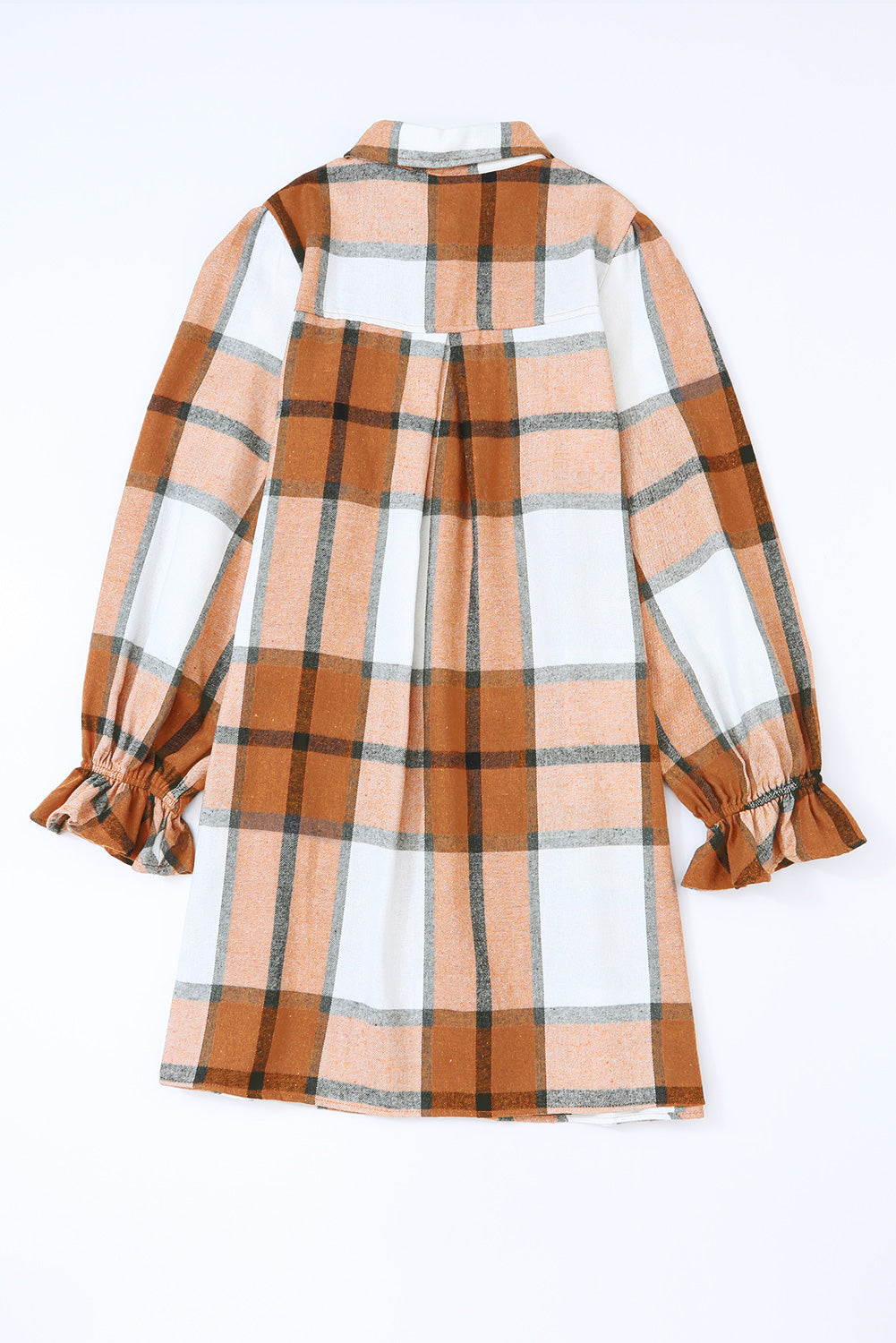 Plaid Collared Neck Ruffle Sleeve Shirt Dress