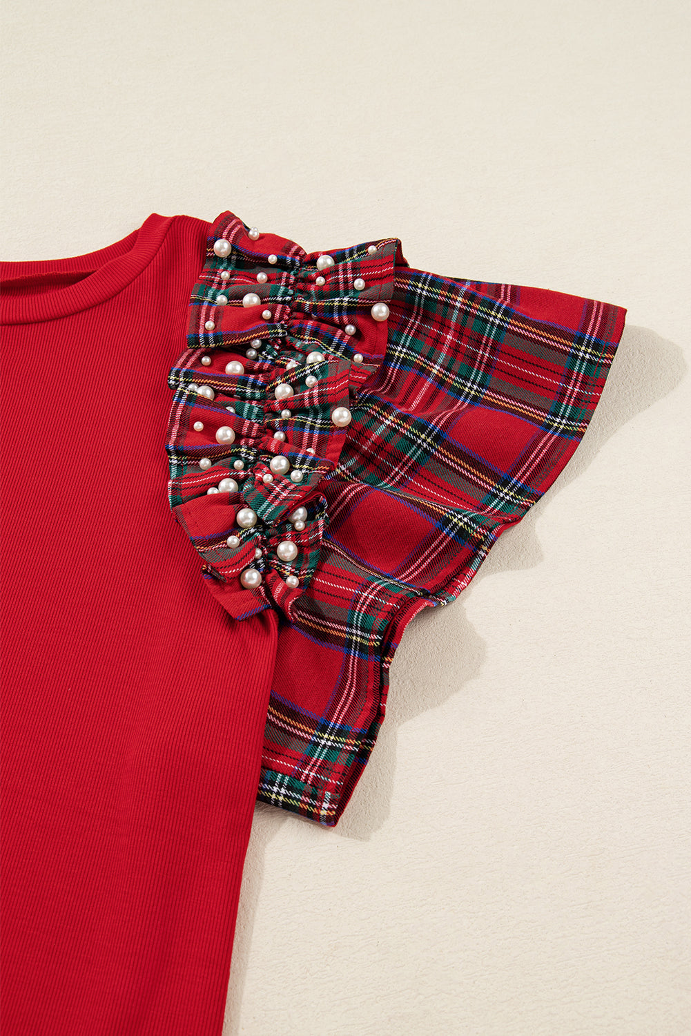 Plus Size Christmas Plaid Pearl Ruffle Sleeve Holiday T-shirt