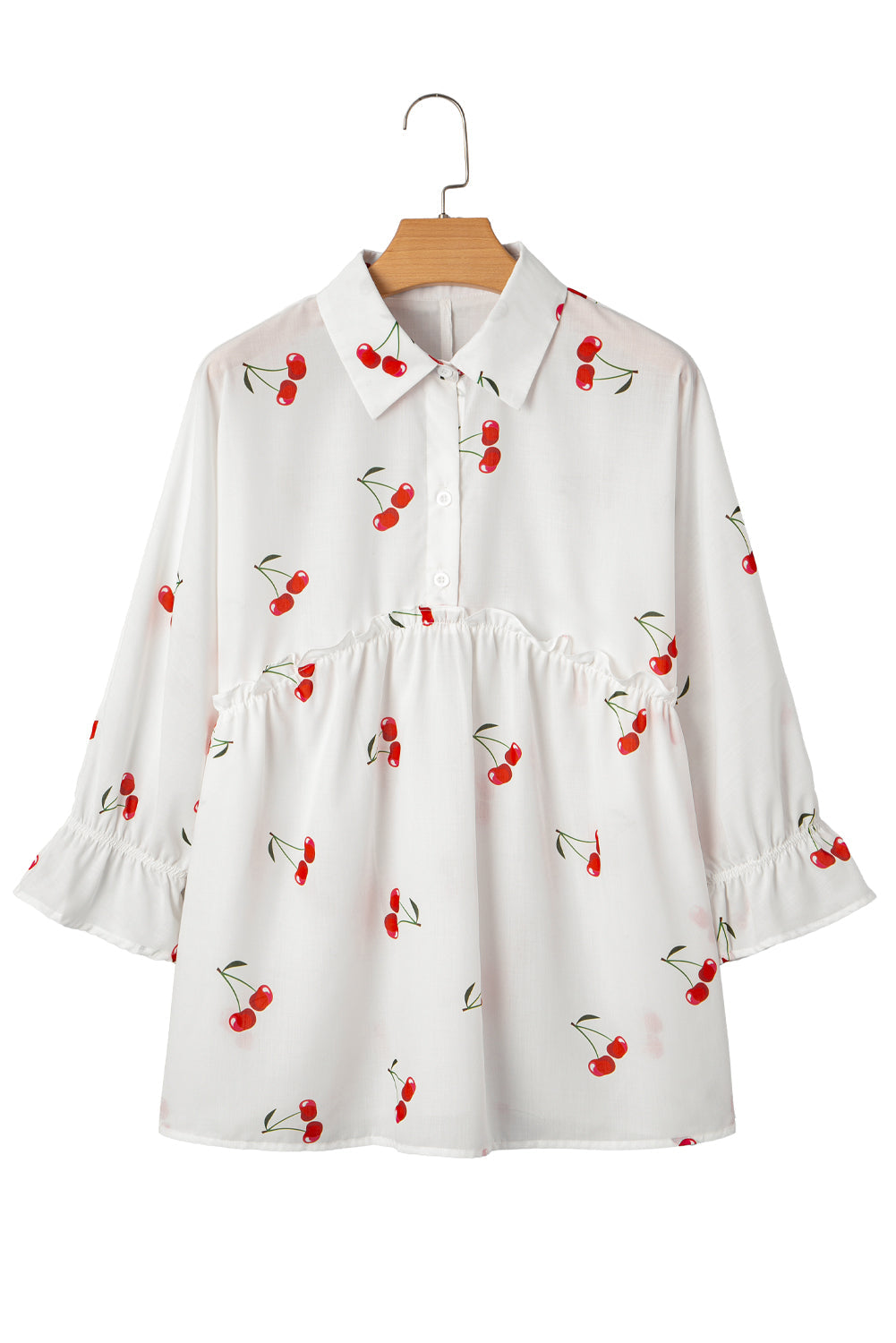 Cherry Frilled Collar 3/4 Sleeve Babydoll Blouse