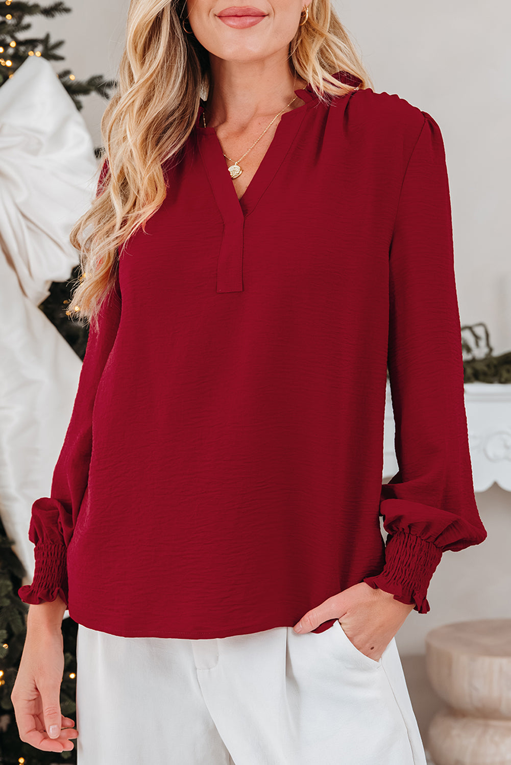 Solid Notched Neck Shirred Cuff Long Sleeve Blouse