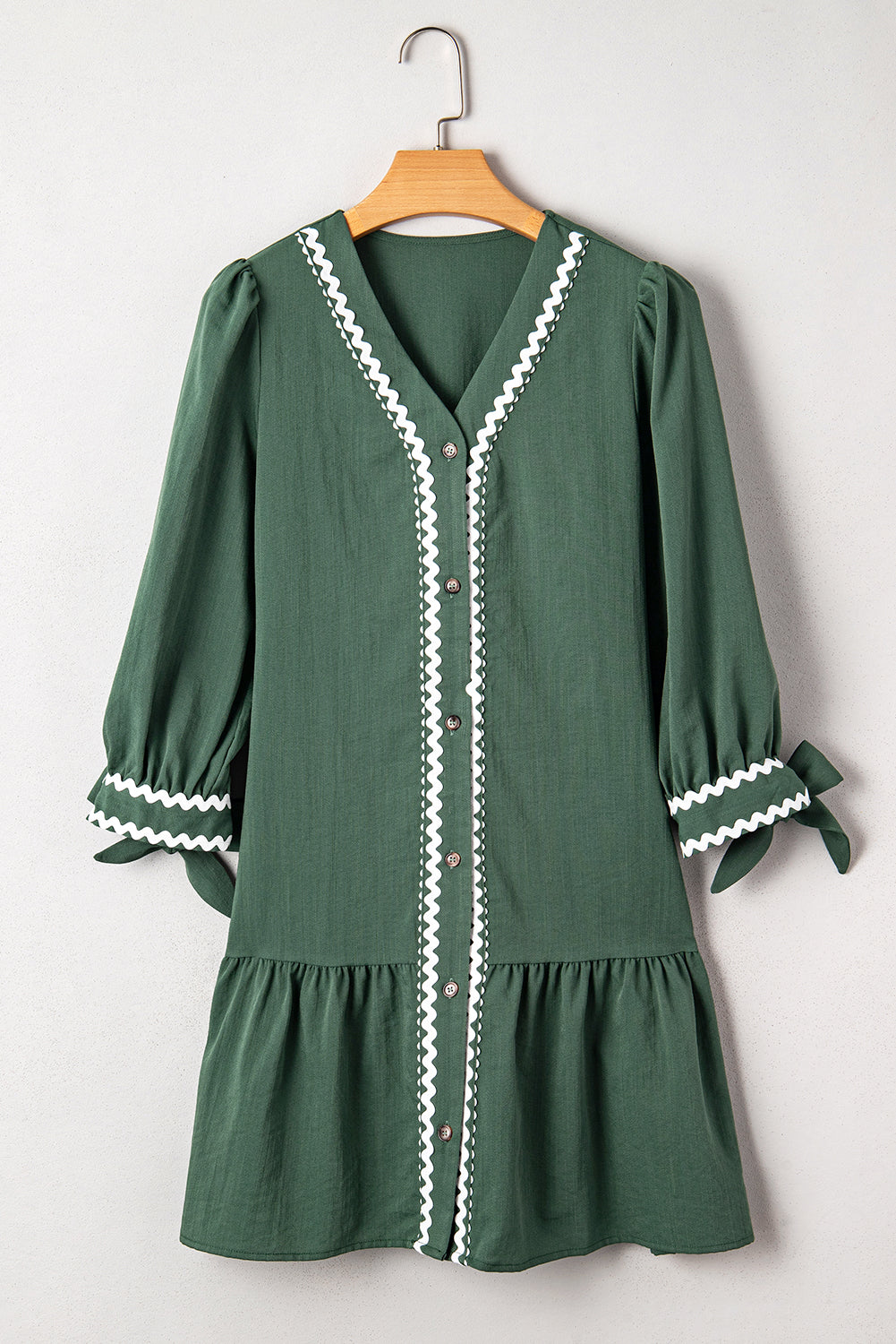 Contrast Trim Knotted 3/4 Sleeve Buttoned Dress