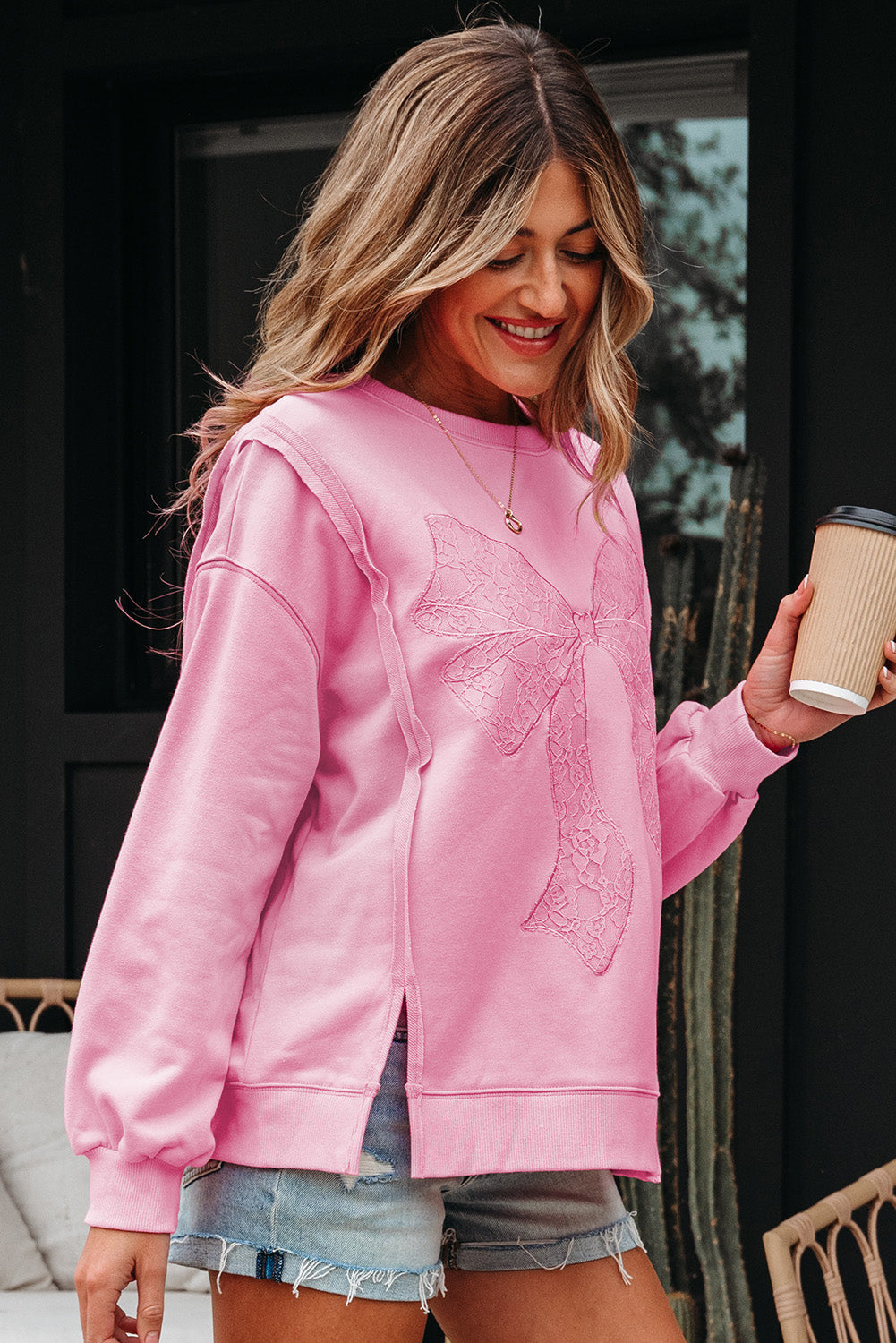 Bow Lace Embroidered Reverse Seam Sweatshirt