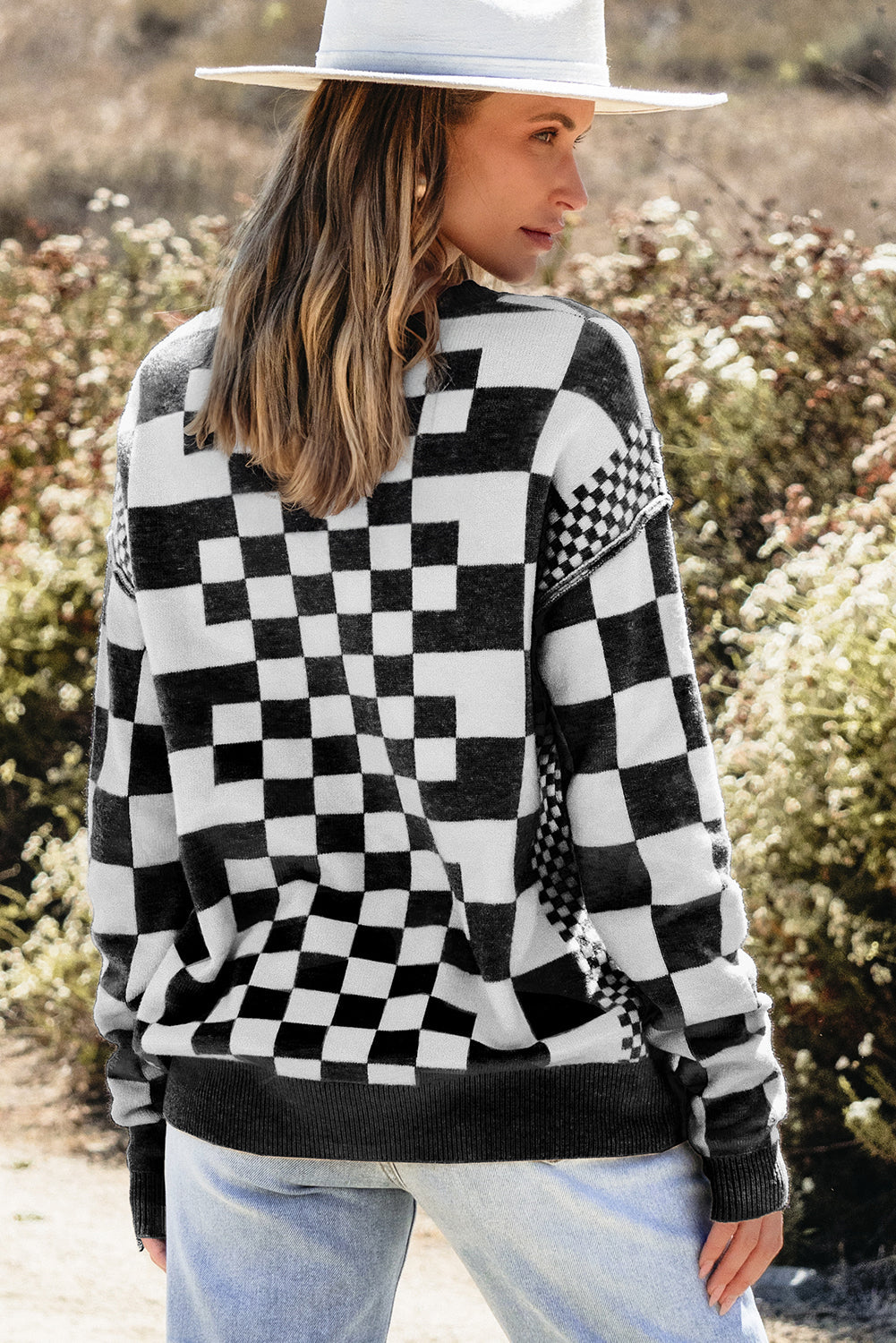Checker Round Neck Drop Shoulder Sweater