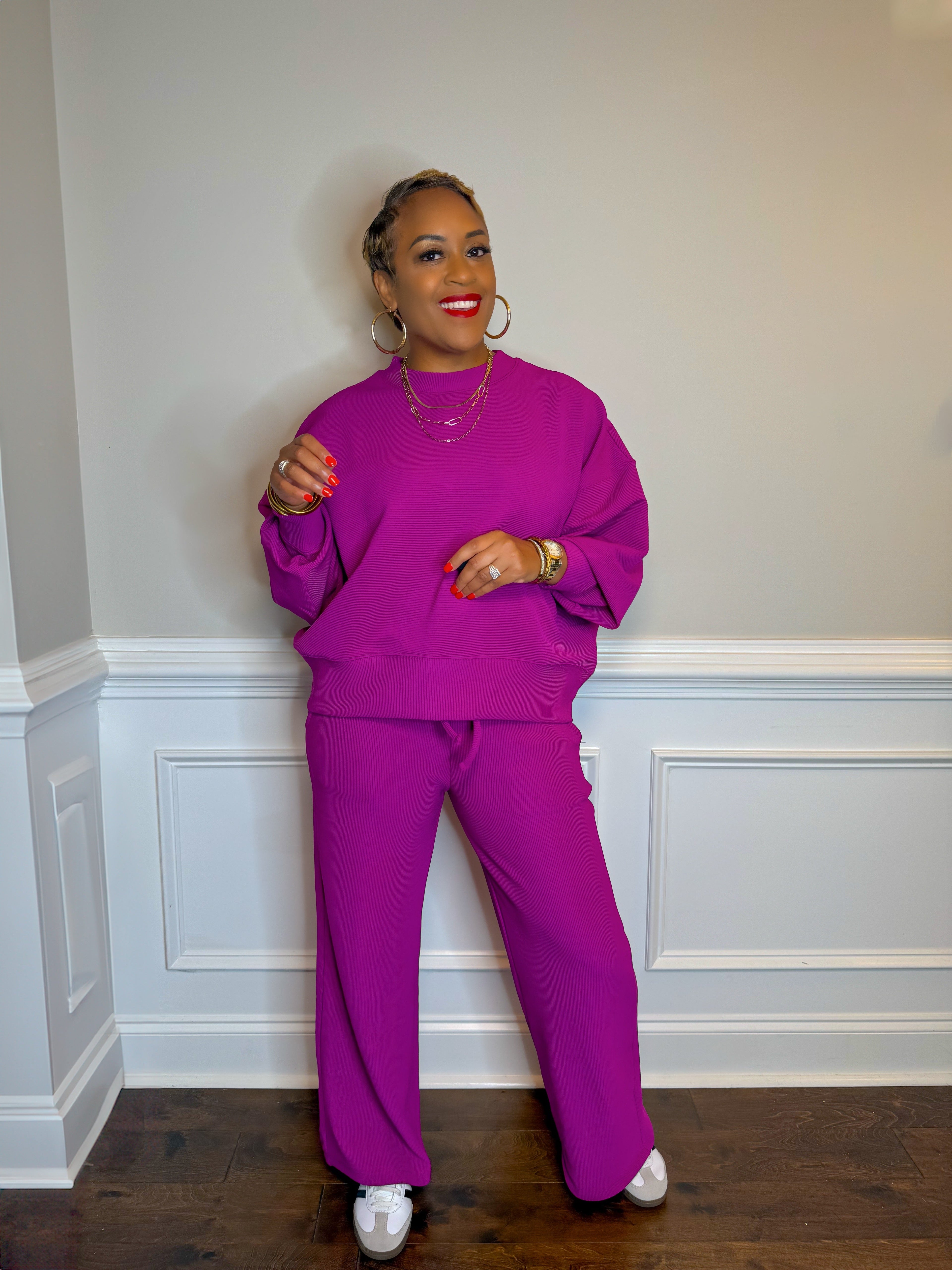 Light Plum Ribbed Lounge Set | Oversized Top & Wide Leg Pants