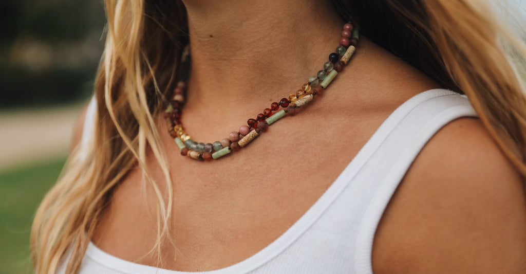 Raw Cognac Baltic Sea Amber + Green Jade + Striped Agate || Necklace
