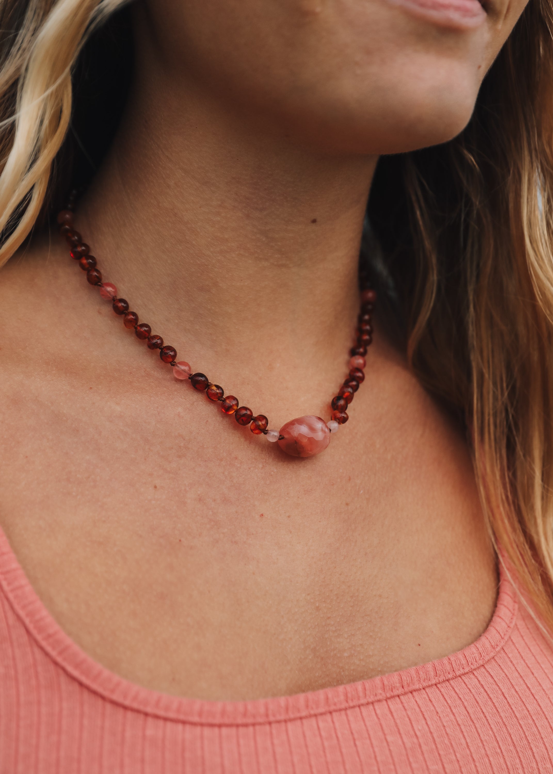 Cognac Baltic Sea Amber || Cherry + Rose Quartz || Necklace Set
