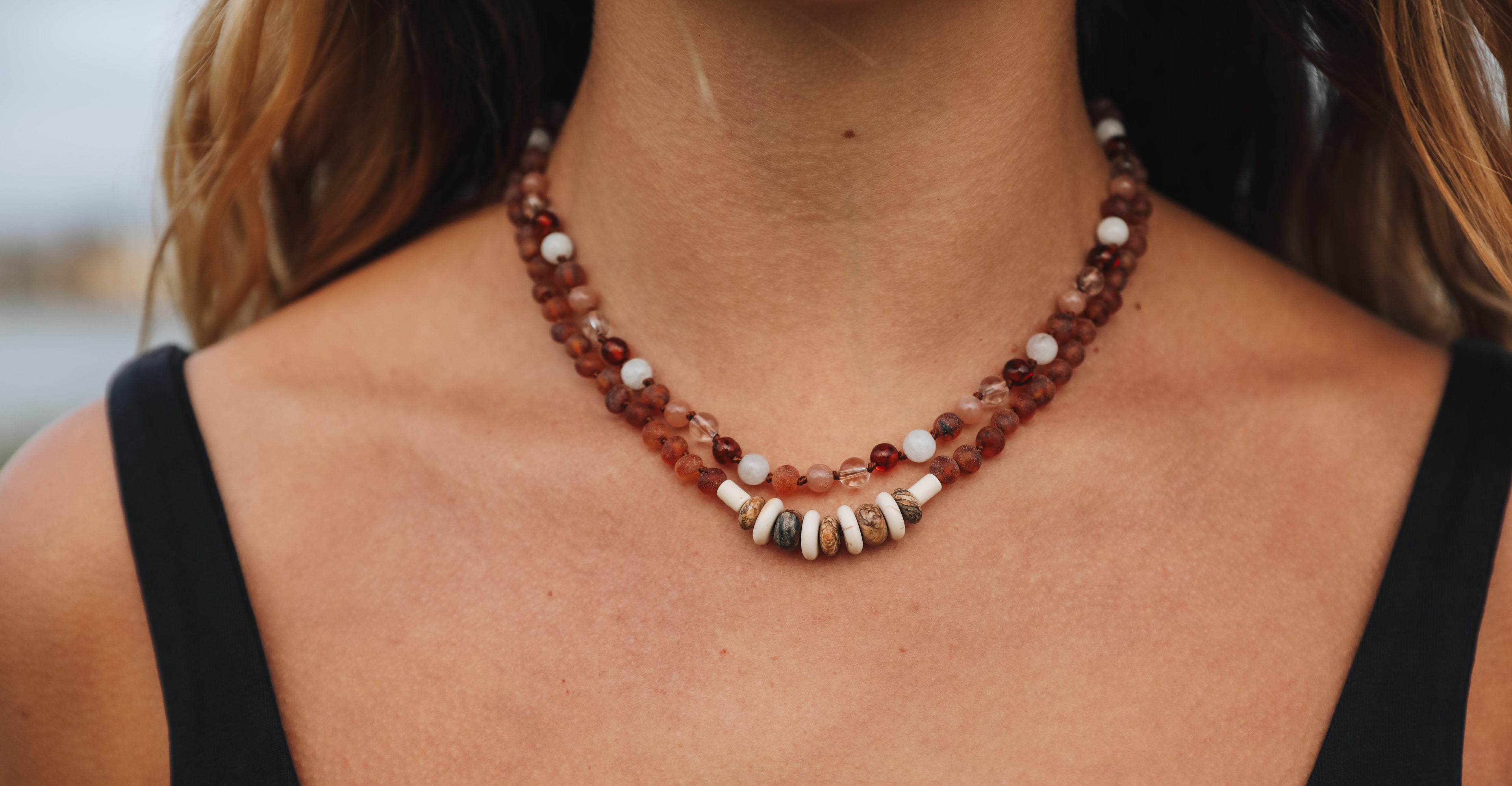 Raw Cognac Baltic Sea Amber + Natural Jasper || Necklace