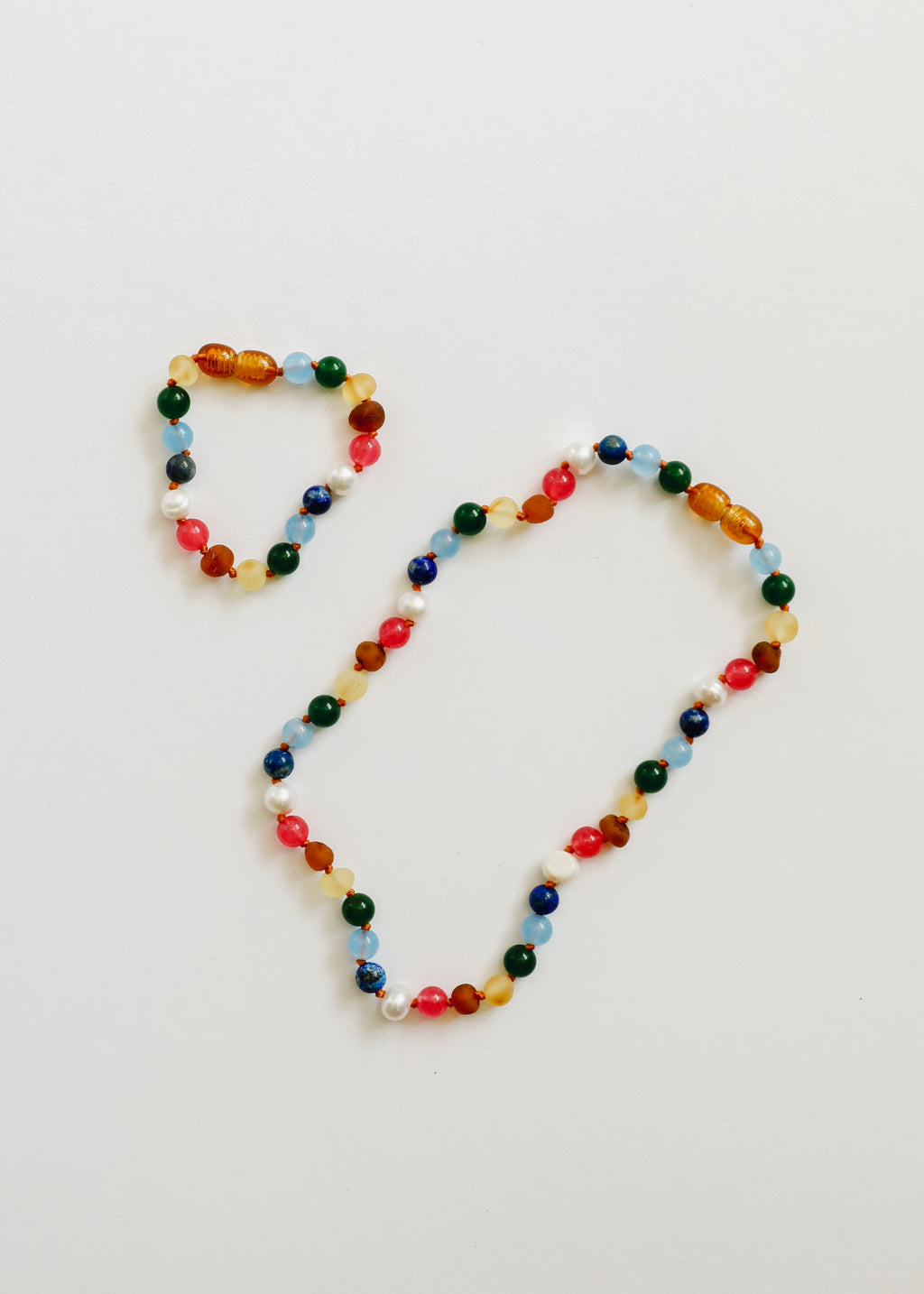 Raw Baltic Amber and Pearl Necklace + Bright Pink Gemstones