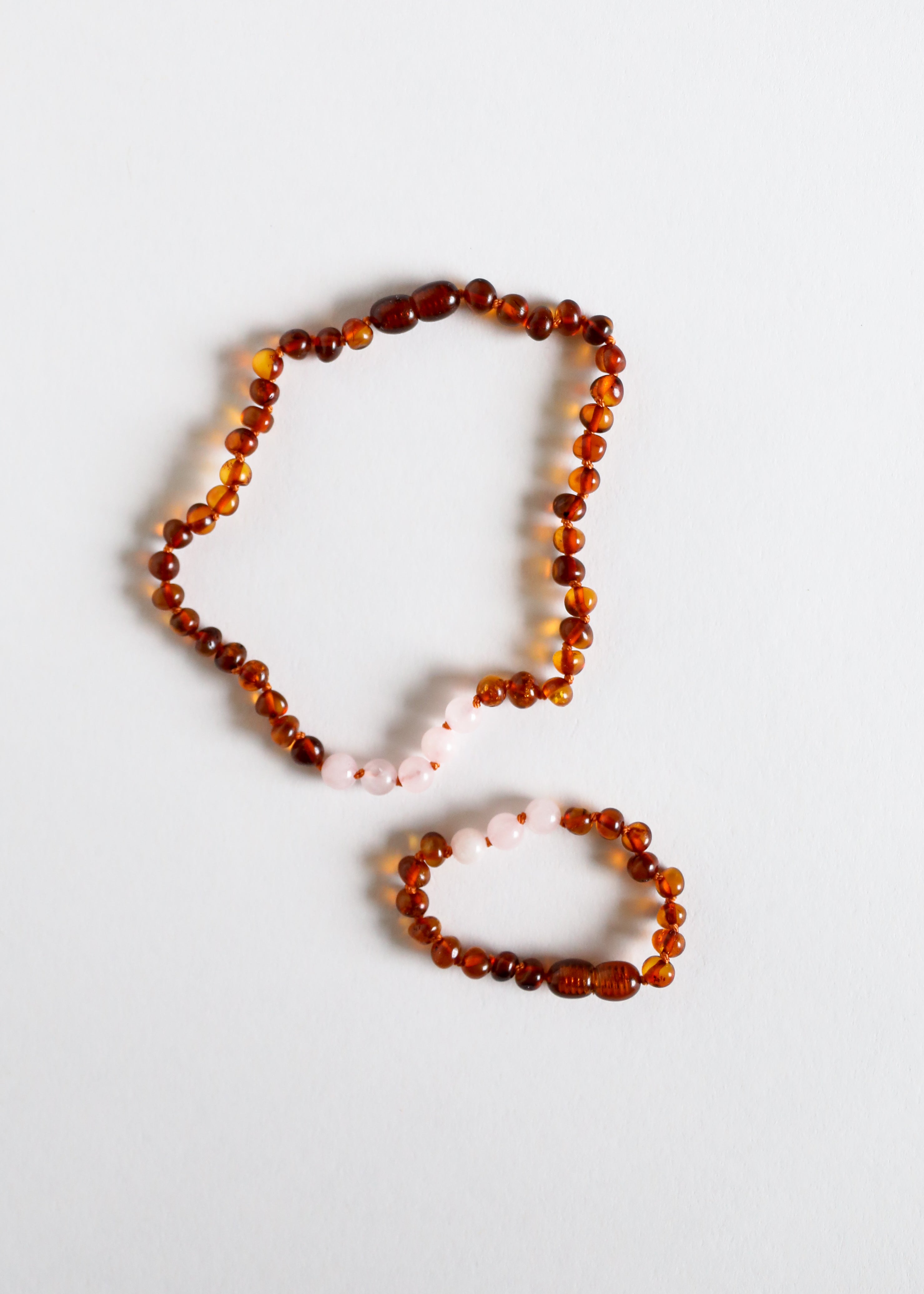 Polished Cognac Baltic Amber + Rose Quartz || Necklace