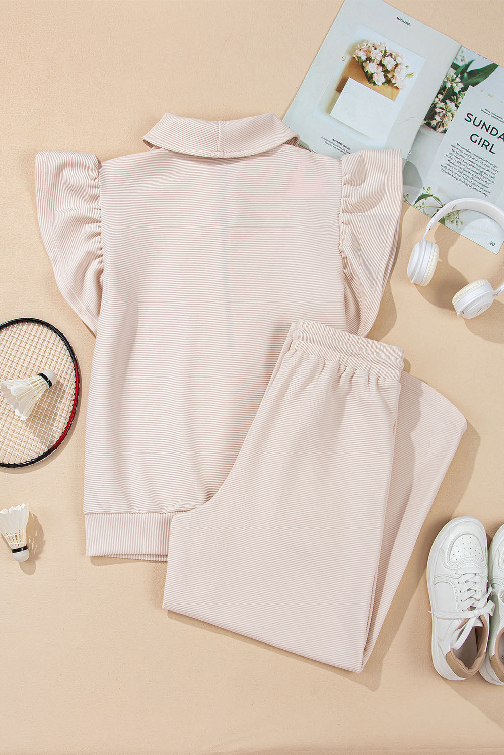 Textured Ruffle Half Zip Top and Pants Set